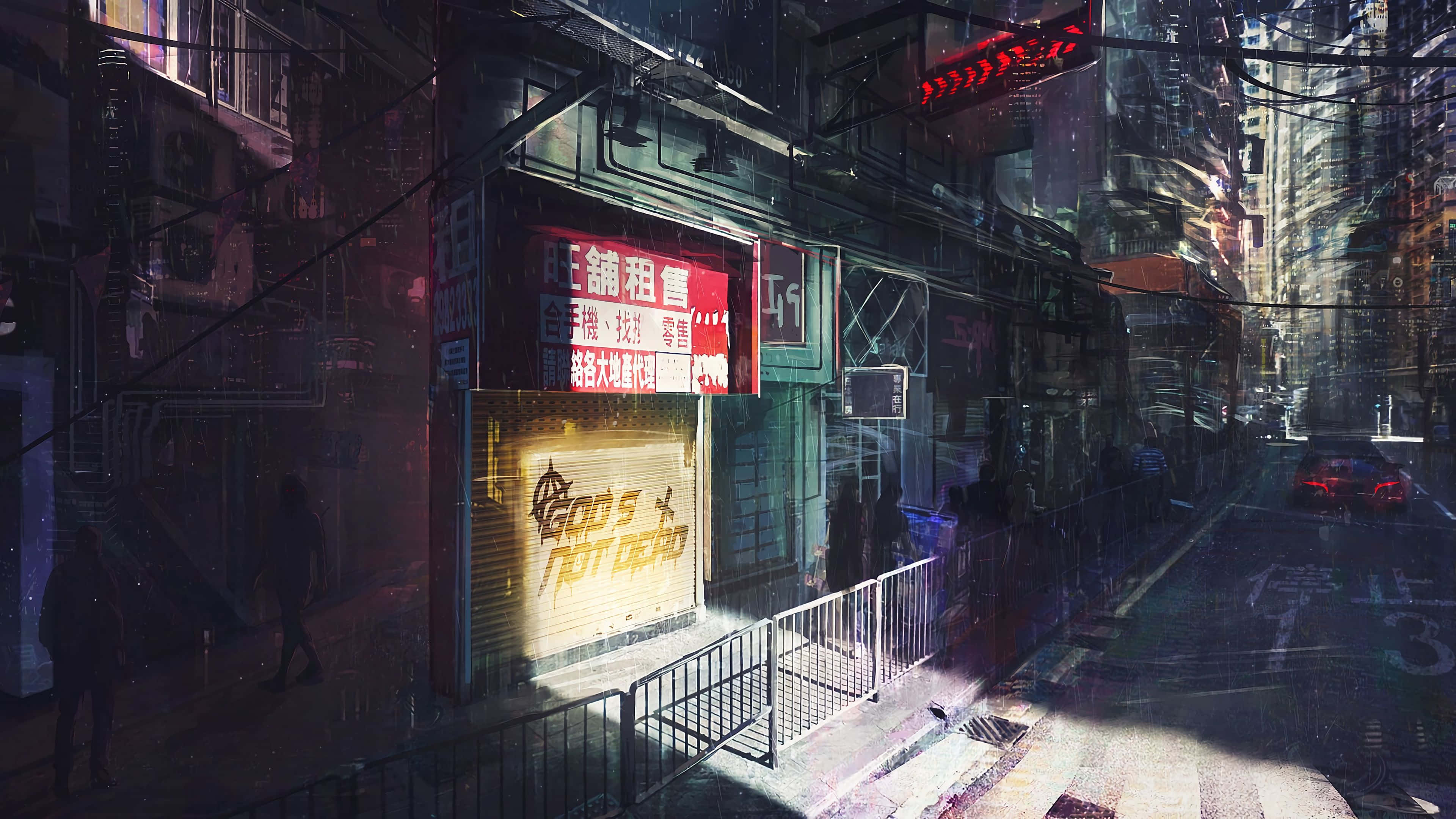 Night City, neon-lit alleyway, glowing signs, 4K Desktop Wallpaper
