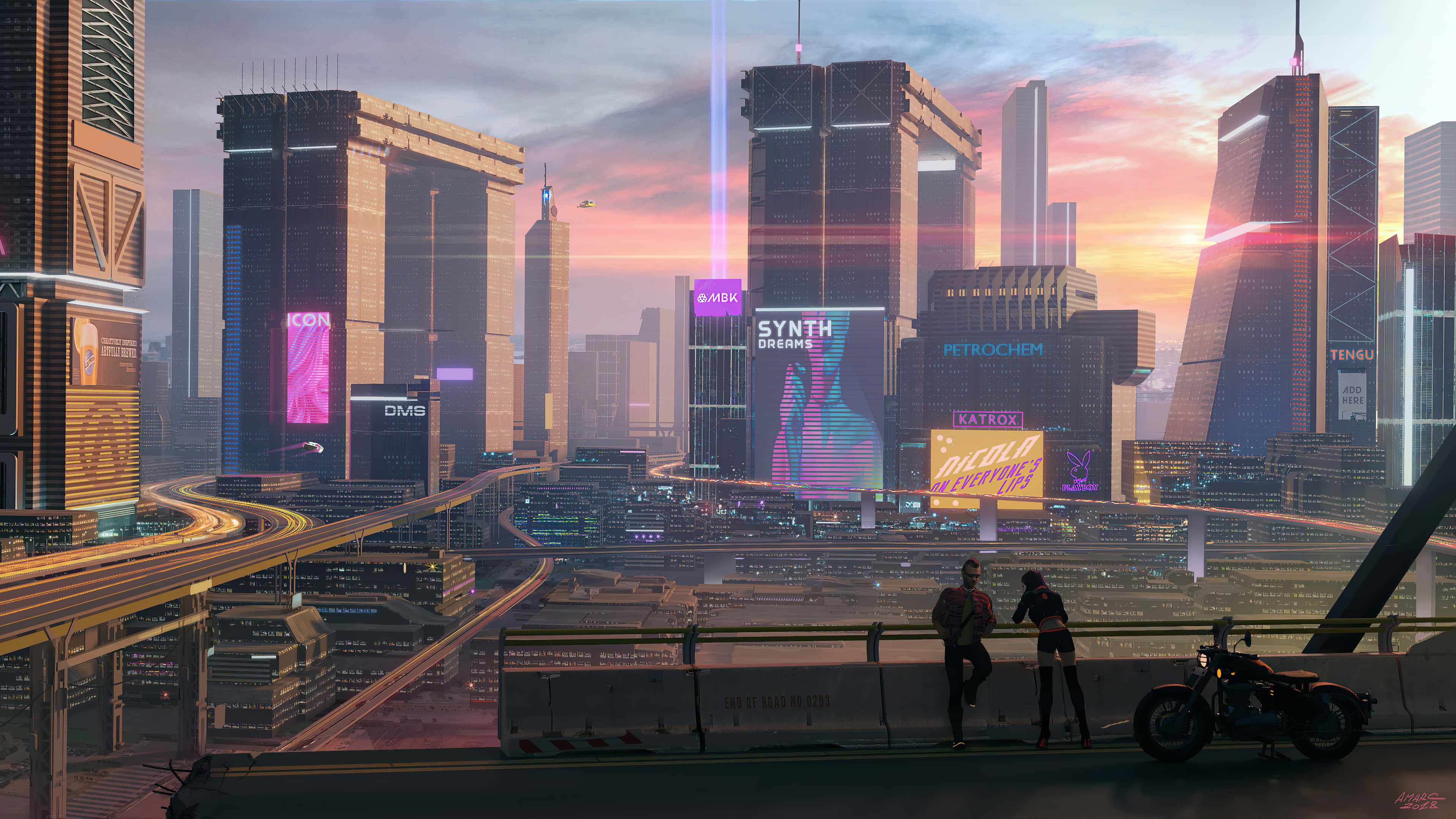 Night City, neon-lit futuristic cityscape, towering skyscrapers, 4K Desktop Wallpaper