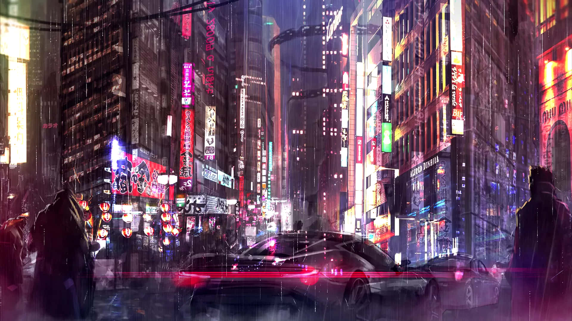 Cyberpunk Night City, New Year's Eve, neon-drenched, Full HD Desktop Wallpaper