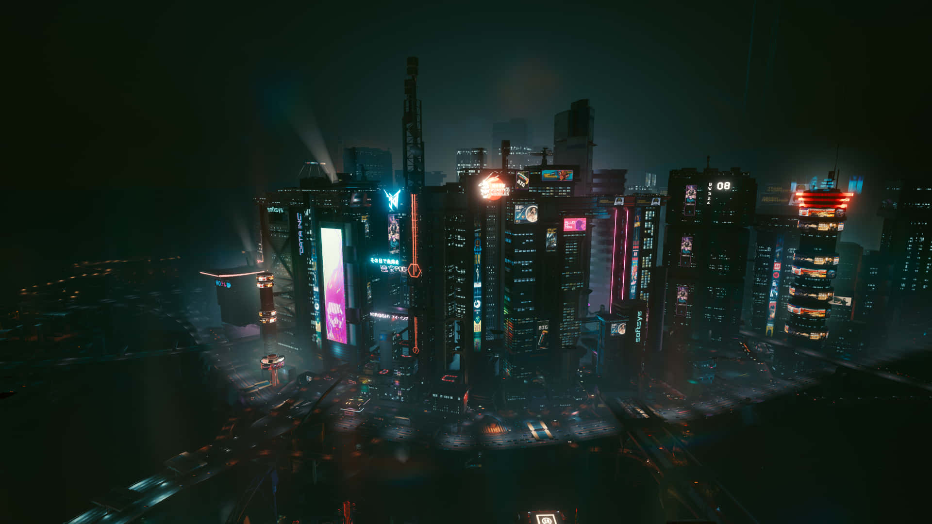 Cyberpunk Night City, neon-lit, towering skyscrapers, Full HD Desktop Wallpaper