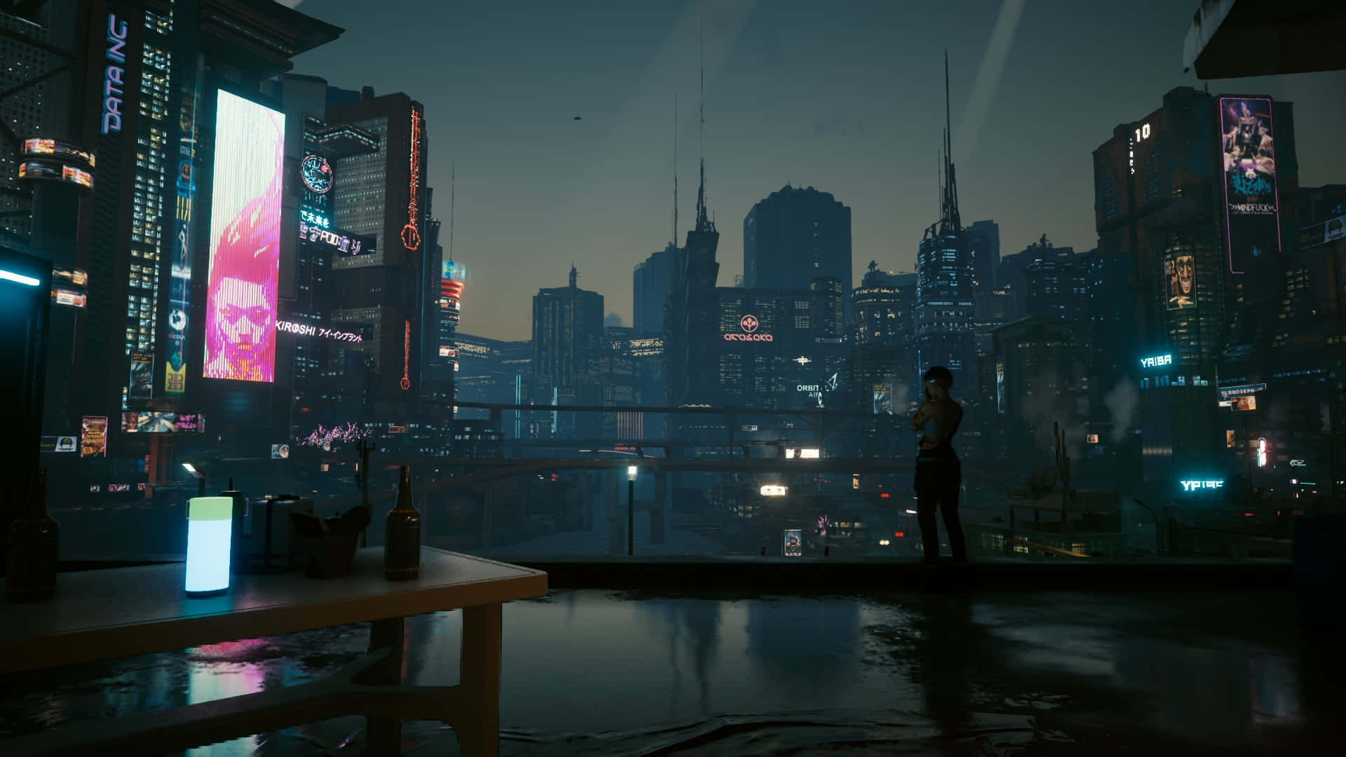 Night City, neon-drenched, rain-slicked rooftop, Full HD Desktop Wallpaper