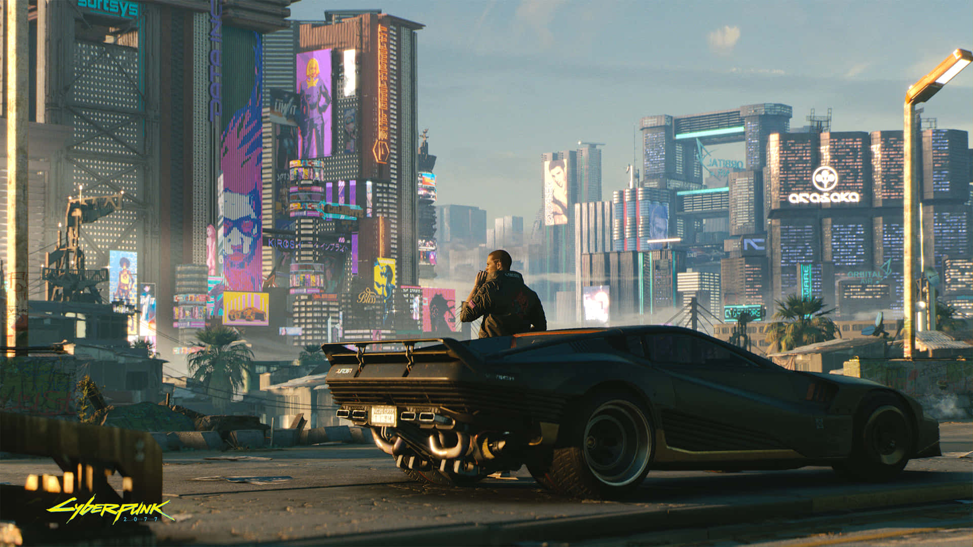 Cyberpunk Night City, neon-lit cyberpunk cityscape, dawn, Full HD Desktop Wallpaper