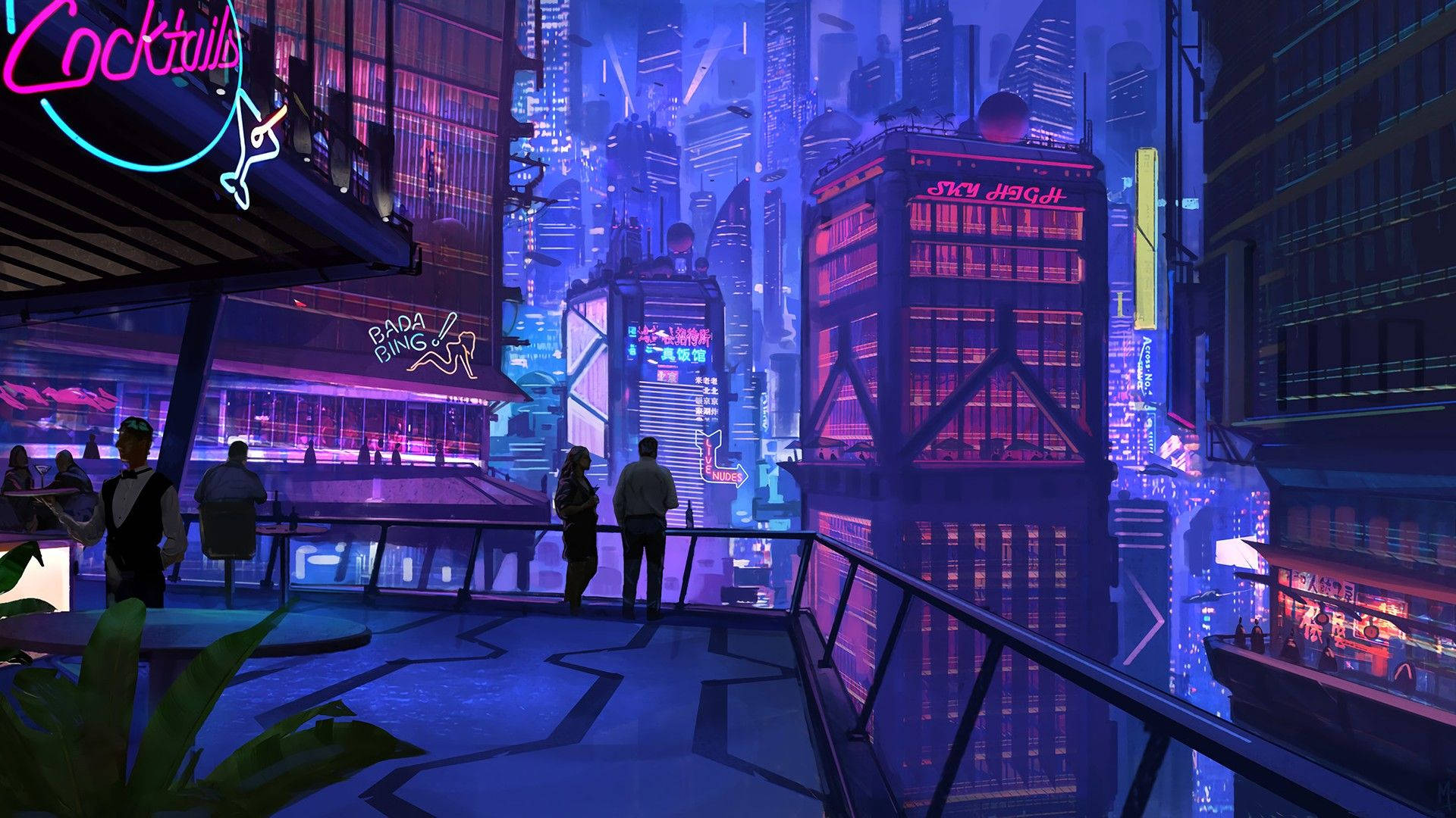 Night City, neon-drenched, glowing signs, Full HD Desktop Wallpaper