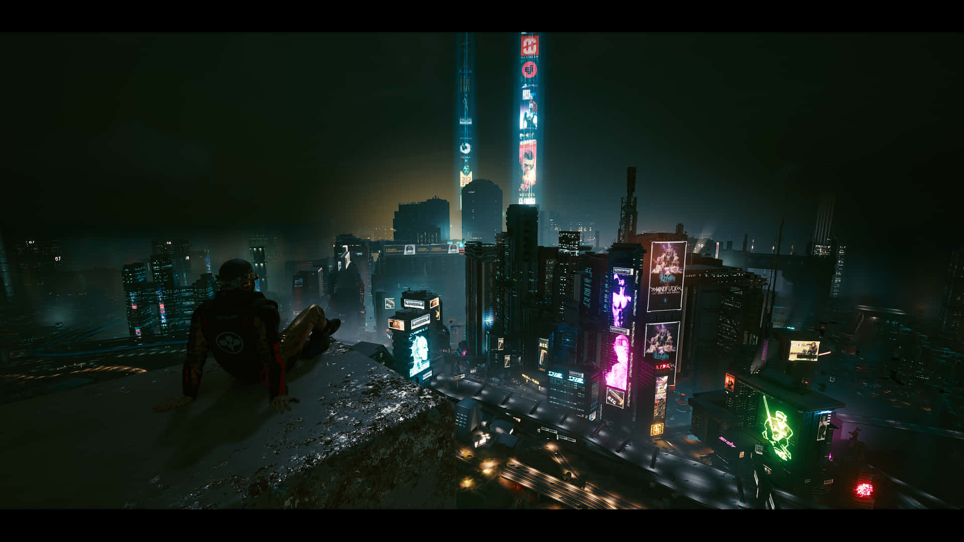 Cyberpunk Night City, rooftop, neon-drenched, Full HD Desktop Wallpaper