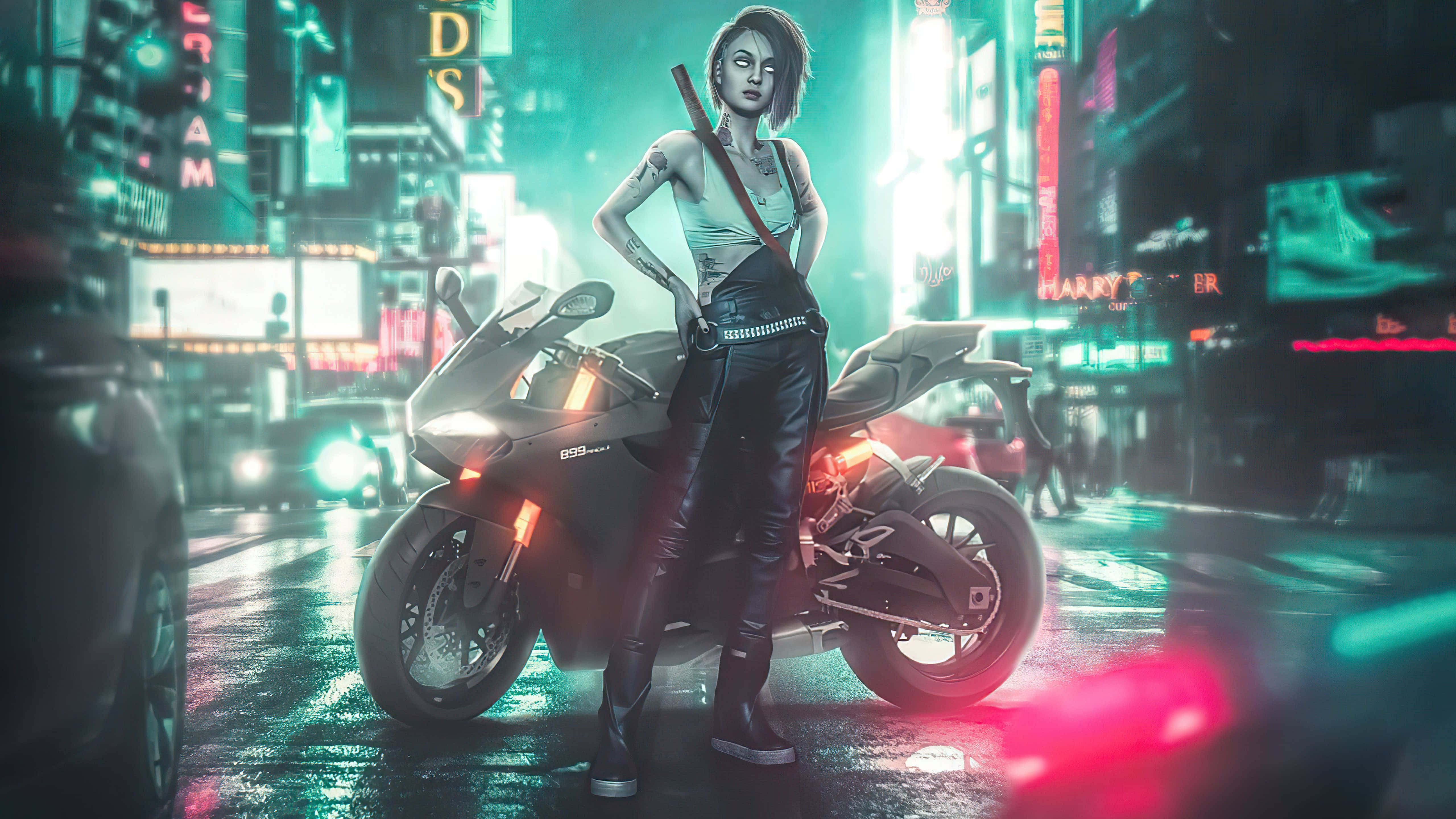 Cyberpunk Night City, neon lights, rainy futuristic city street, 5K Desktop Wallpaper