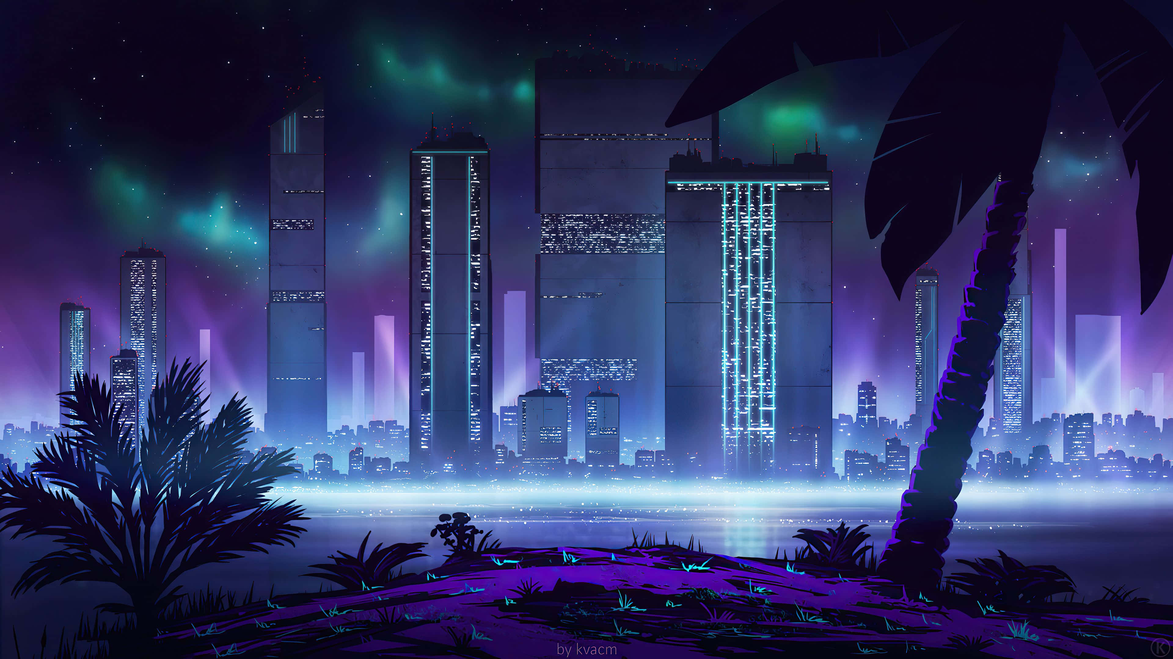 Cyberpunk Night City, neon-drenched, futuristic city skyline, 4K Desktop Wallpaper