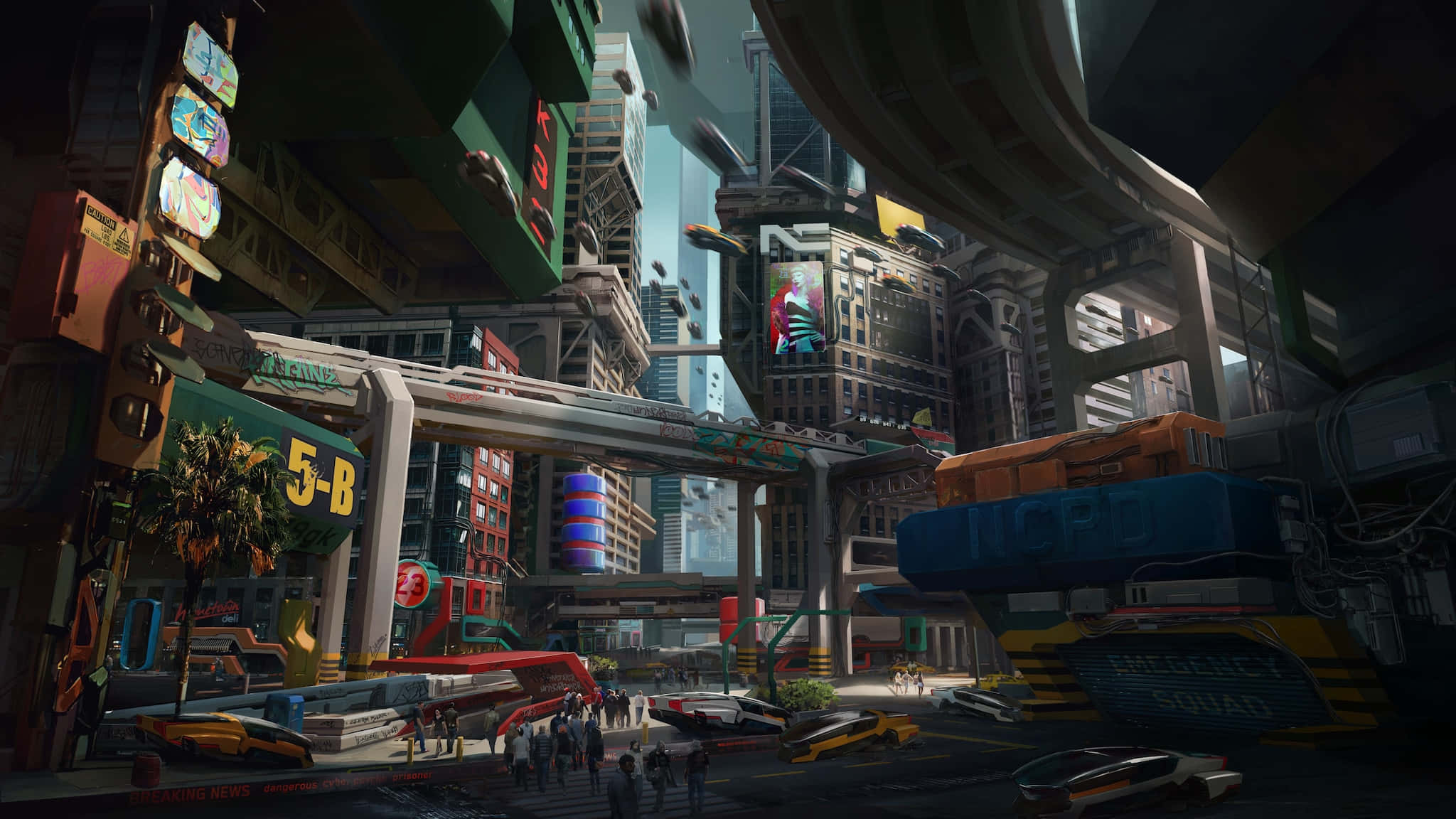 Cyberpunk Night City, neon-lit skyscrapers, flying vehicles, Full HD Desktop Wallpaper