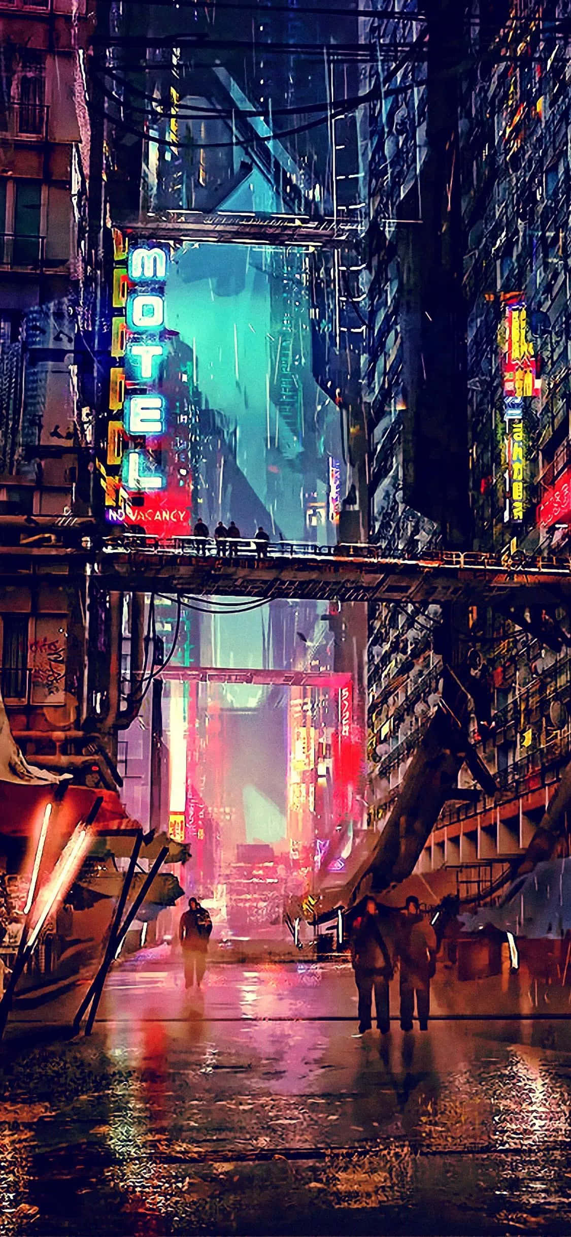 Cyberpunk Night City, neon-lit alleyway, towering buildings, Full HD Phone Wallpaper