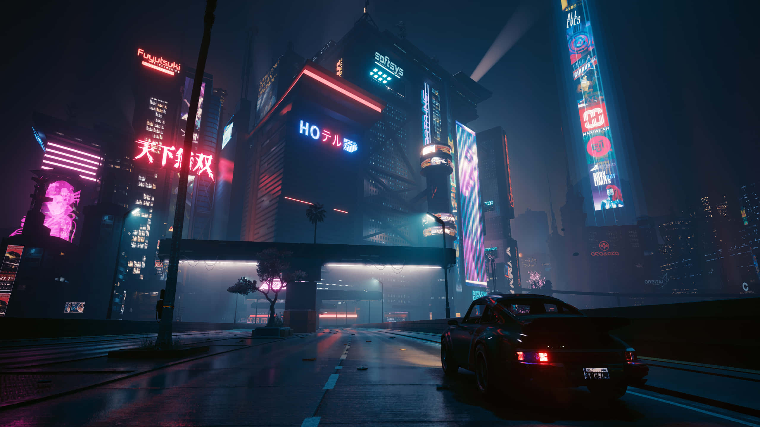 Cyberpunk Night City, neon-drenched cyberpunk cityscape, sleek black sports car, 2K Desktop Wallpaper