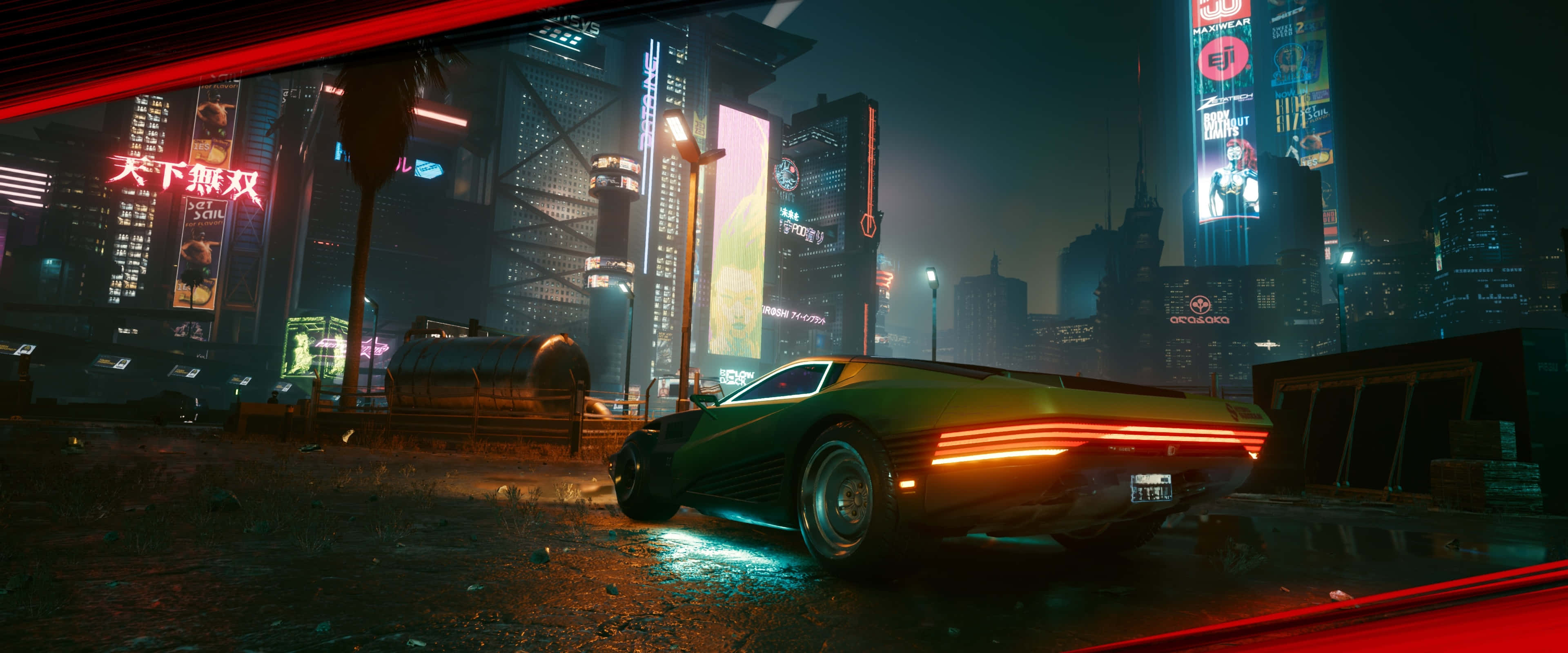 Night City, Cyberpunk, glowing green sports car, 4K Desktop Wallpaper