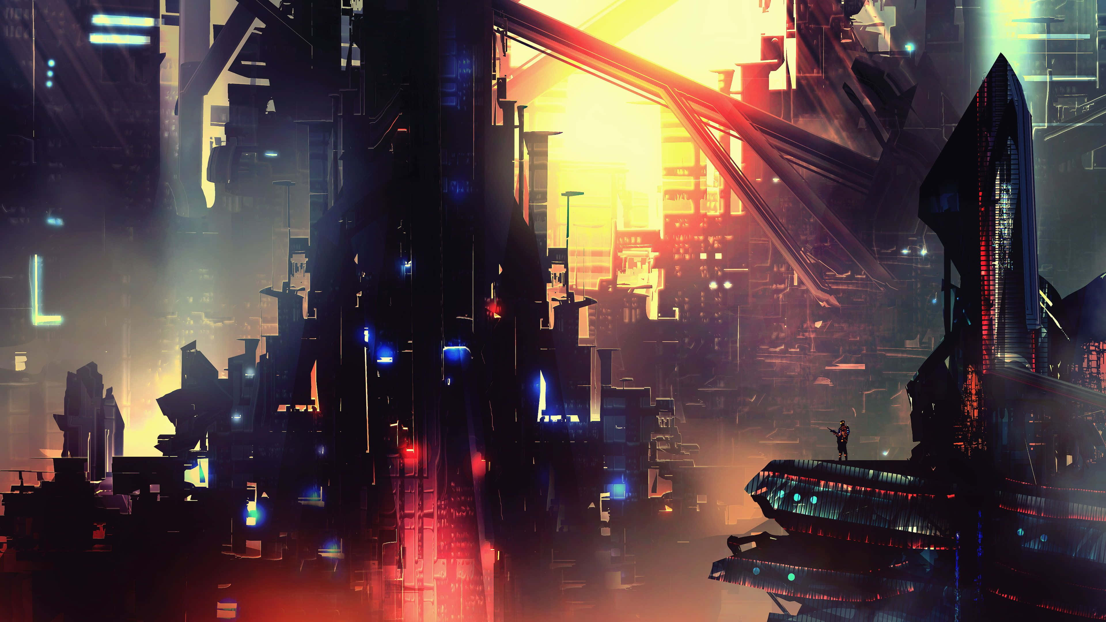 Cyberpunk Night City, sunset, neon-lit skyscrapers, 4K Desktop Wallpaper