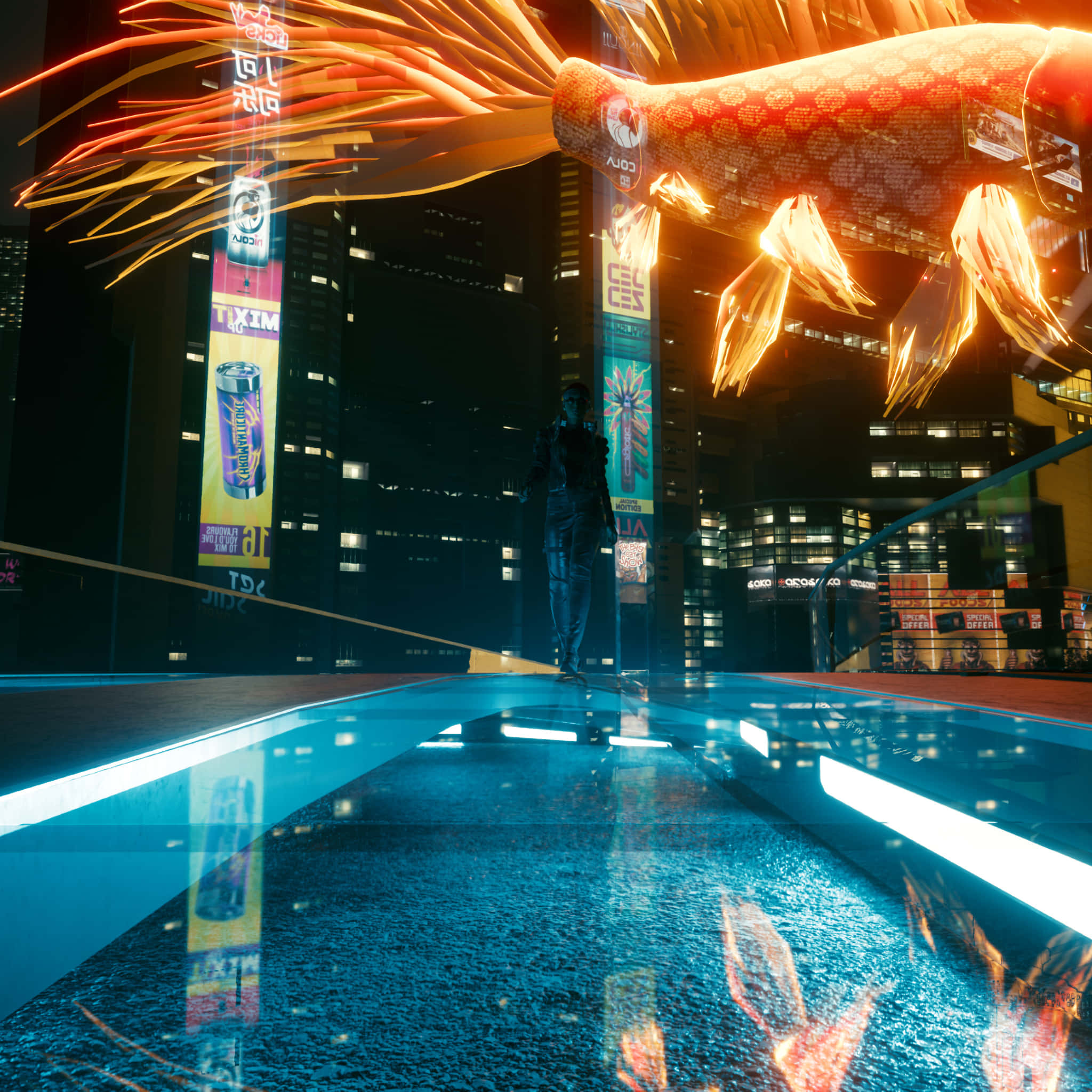 Cyberpunk Night City, glowing blue bridge, massive fiery orange cyberpunk fish, Full HD Desktop Wallpaper
