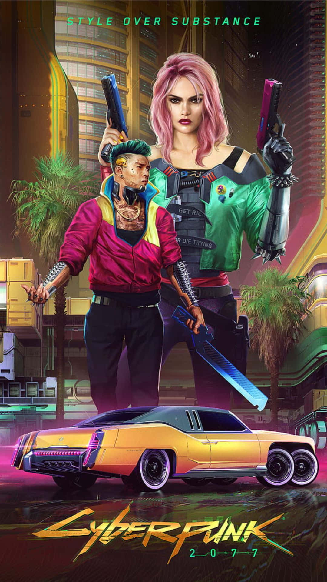 Cyberpunk 2077, Night City, neon hair, Full HD Phone Wallpaper