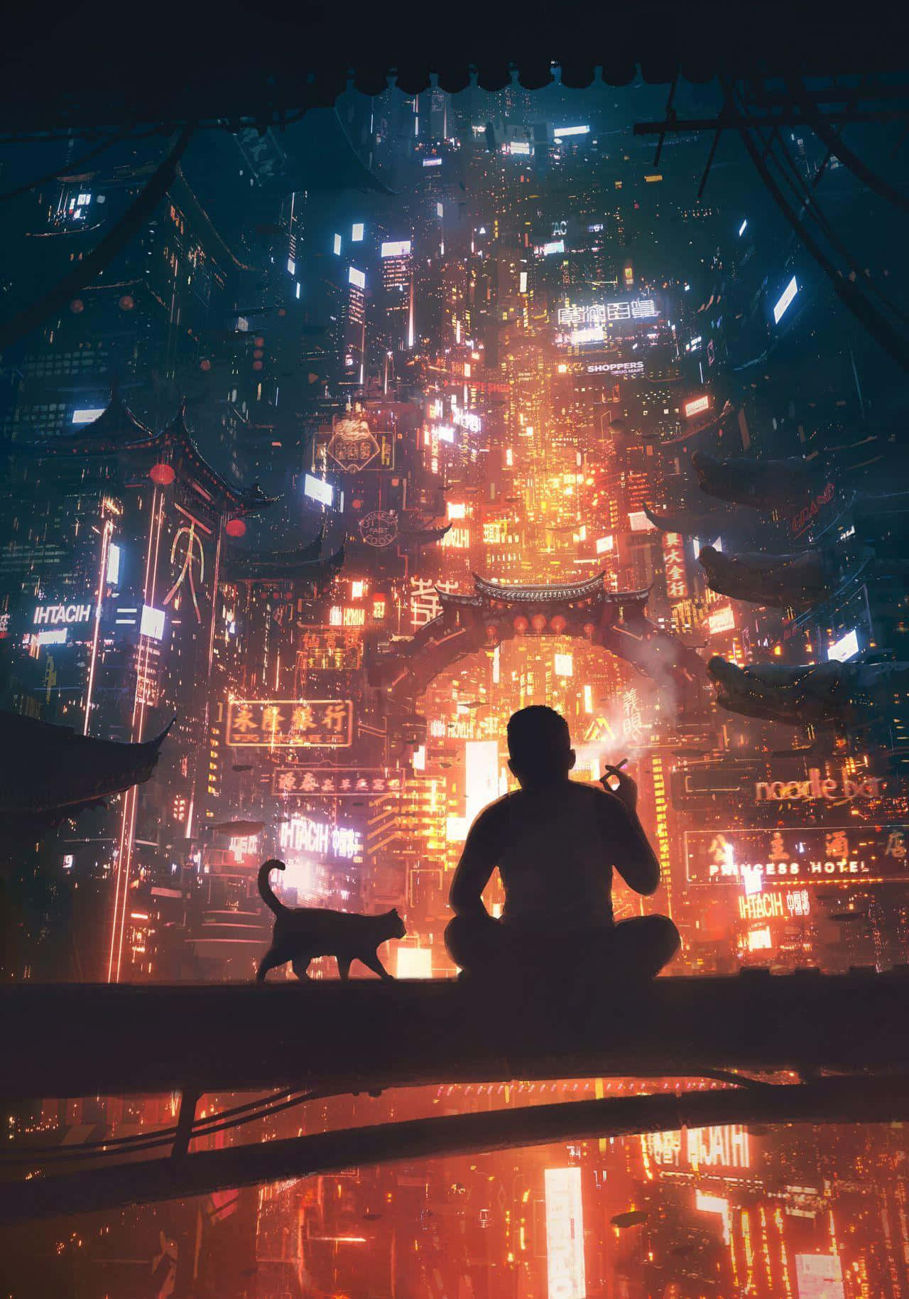 Cyberpunk Cityscape, figure, cat, HD Phone Wallpaper