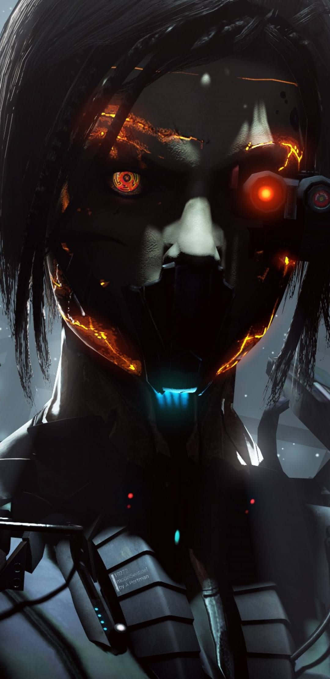 Cyberpunk Android, glowing red eyes, fiery orange circuitry, Full HD Phone Wallpaper