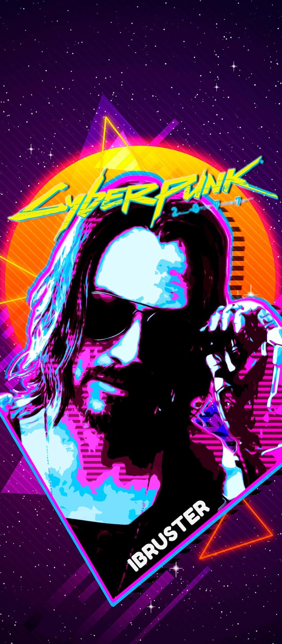 Cyberpunk Style Phone, glowing orange sun, starry purple sky, Full HD Phone Wallpaper