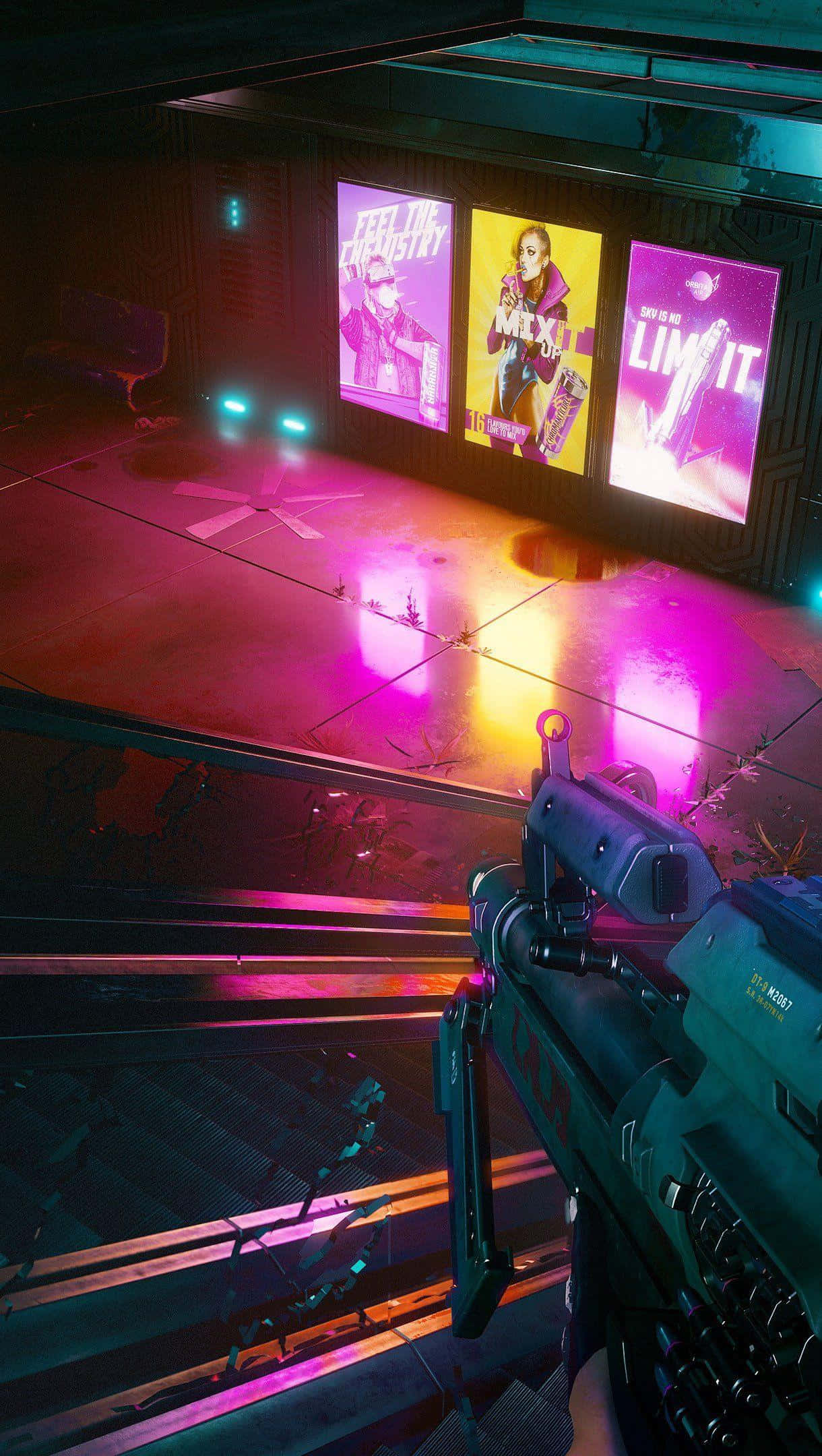 Cyberpunk, neon-lit cyberpunk room, glowing posters, Full HD Phone Wallpaper