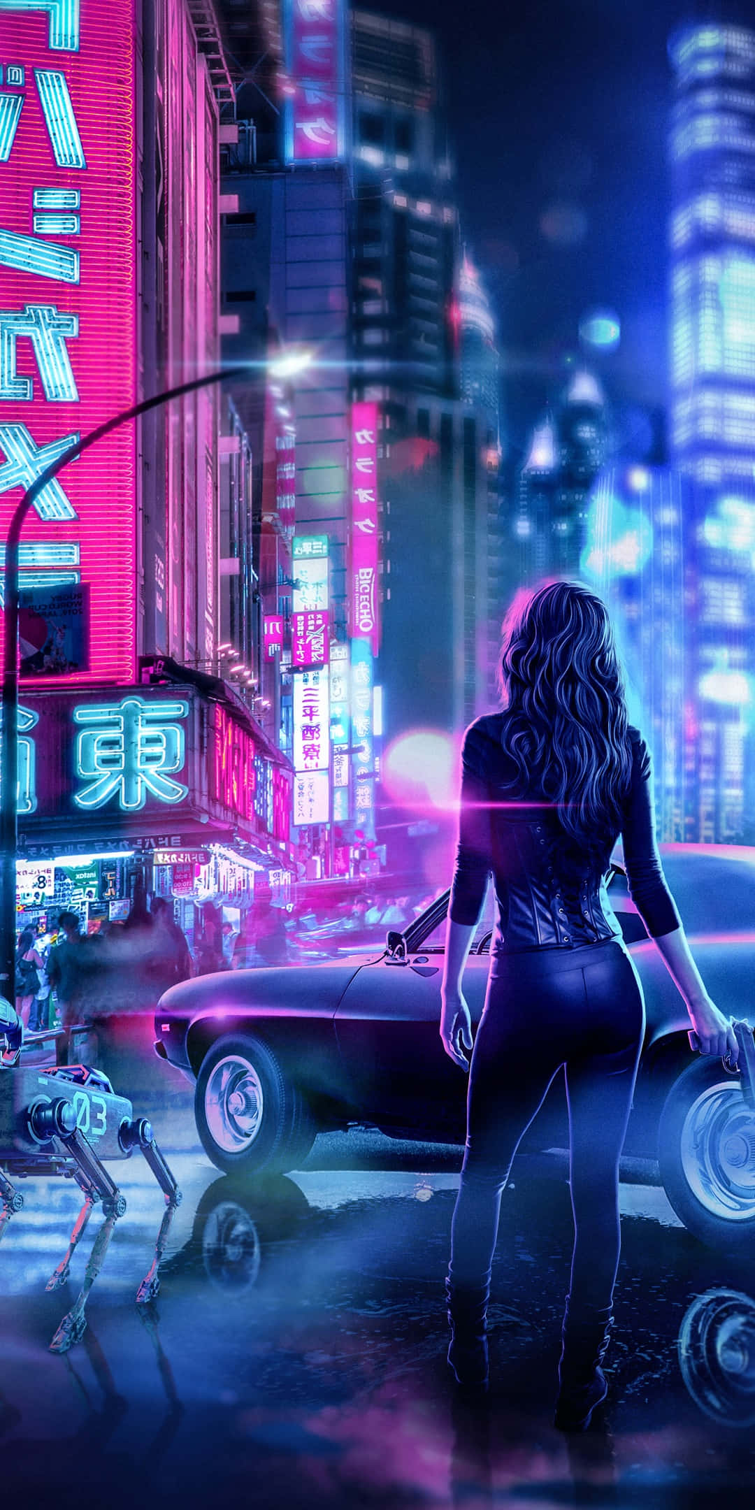 Cyberpunk Cityscape, woman, vintage car, Full HD Phone Wallpaper