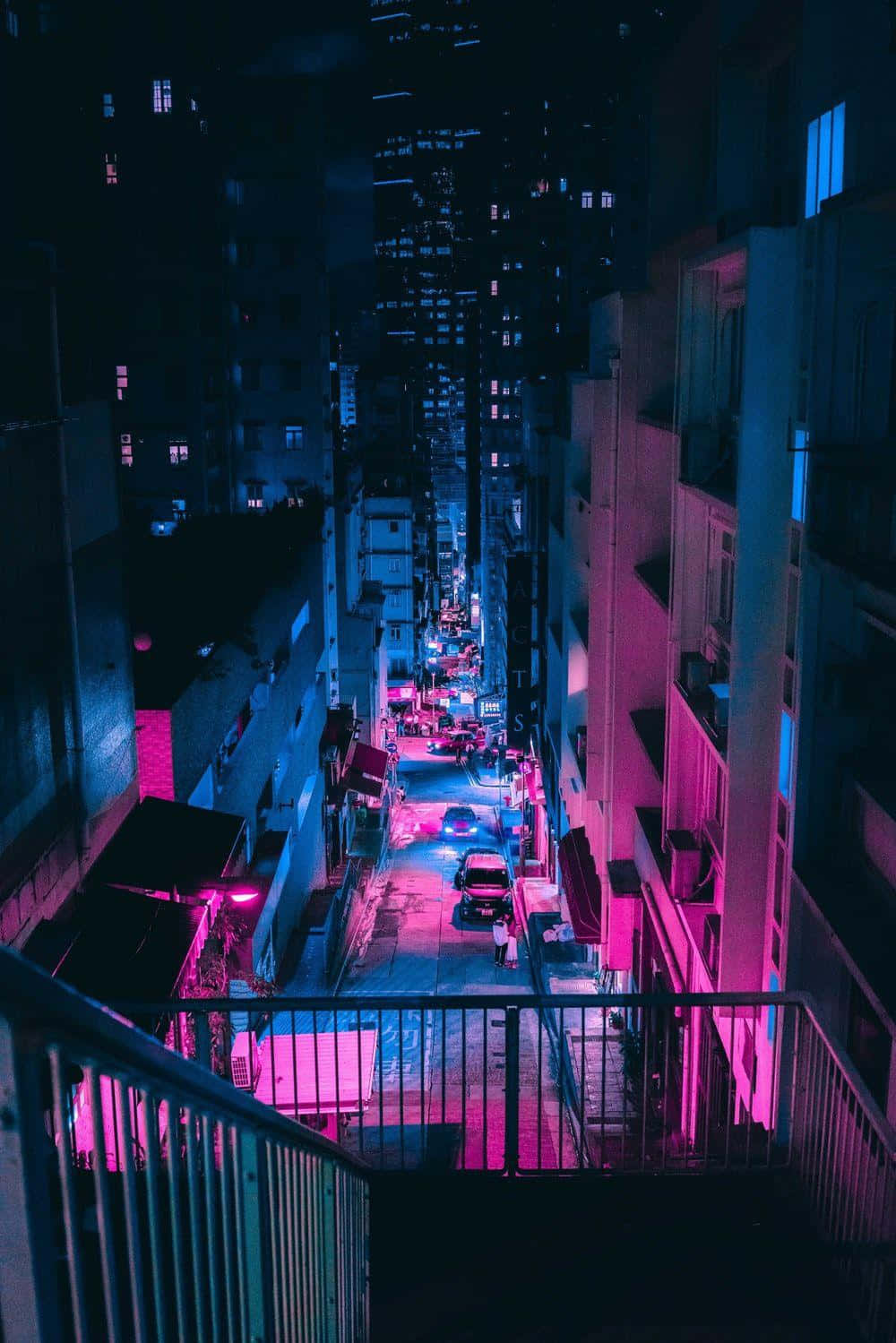 Cyberpunk Urban Nightscape, neon-drenched urban alley, pink and blue lights, HD Phone Wallpaper