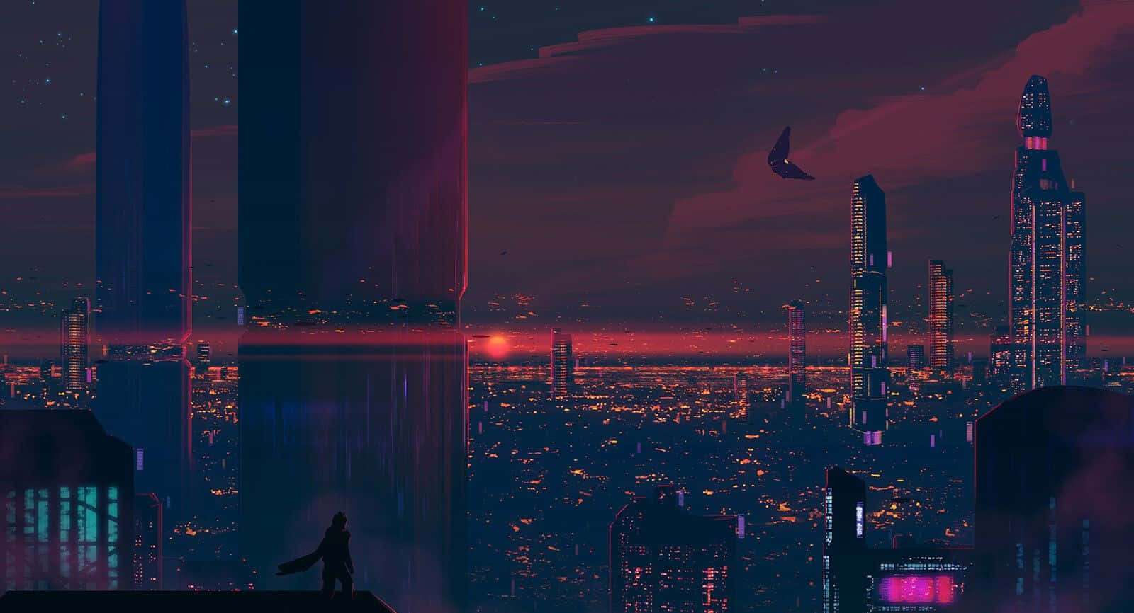 Cyberpunk Laptop, rooftop, neon-drenched futuristic cityscape, HD Desktop Wallpaper