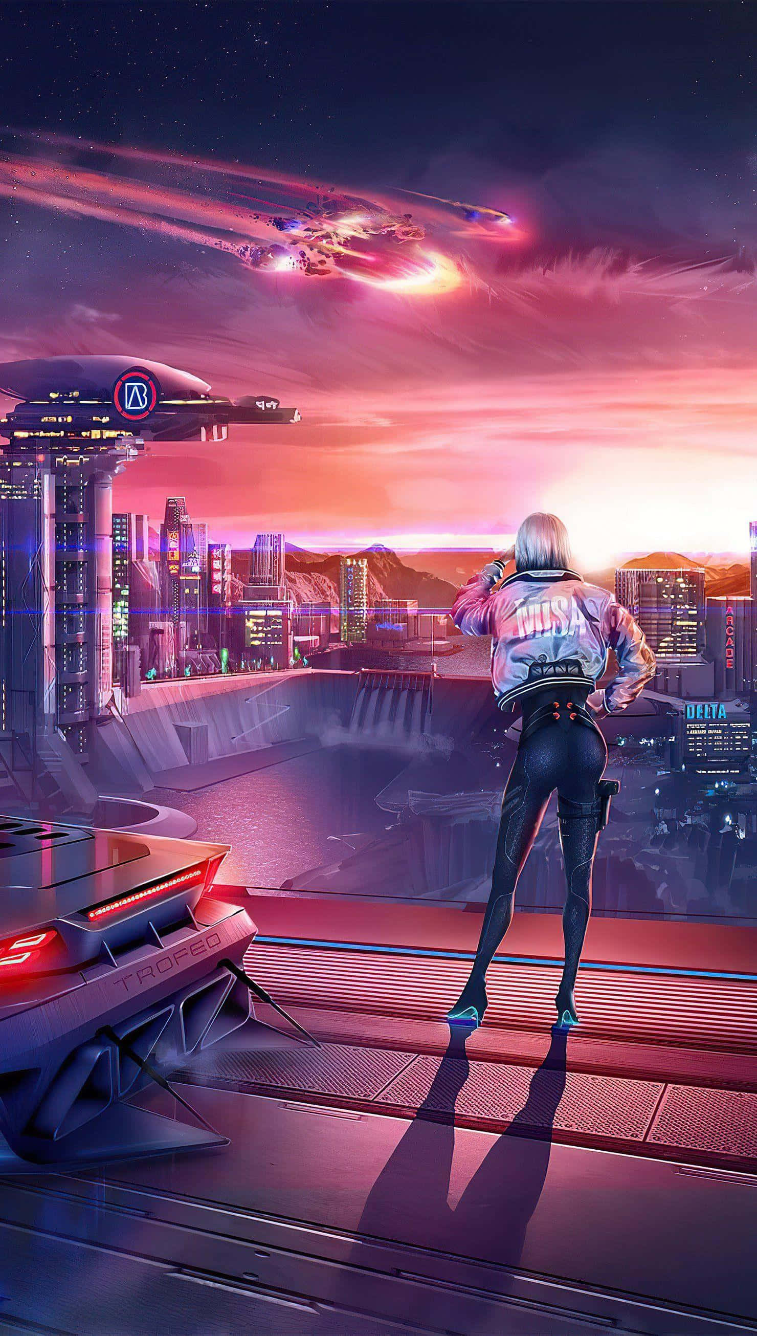 Cyberpunk, Sunset, Neon sunset sky, 2K Phone Wallpaper