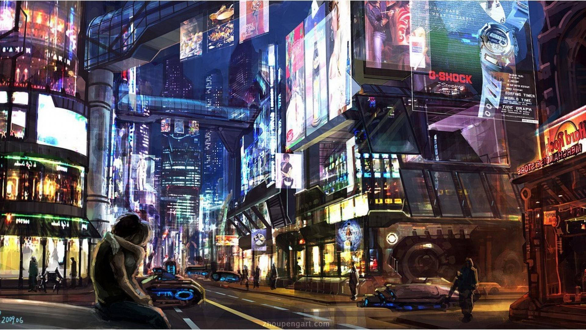 Cyberpunk City, neon-lit cyberpunk street, night, Full HD Desktop Wallpaper