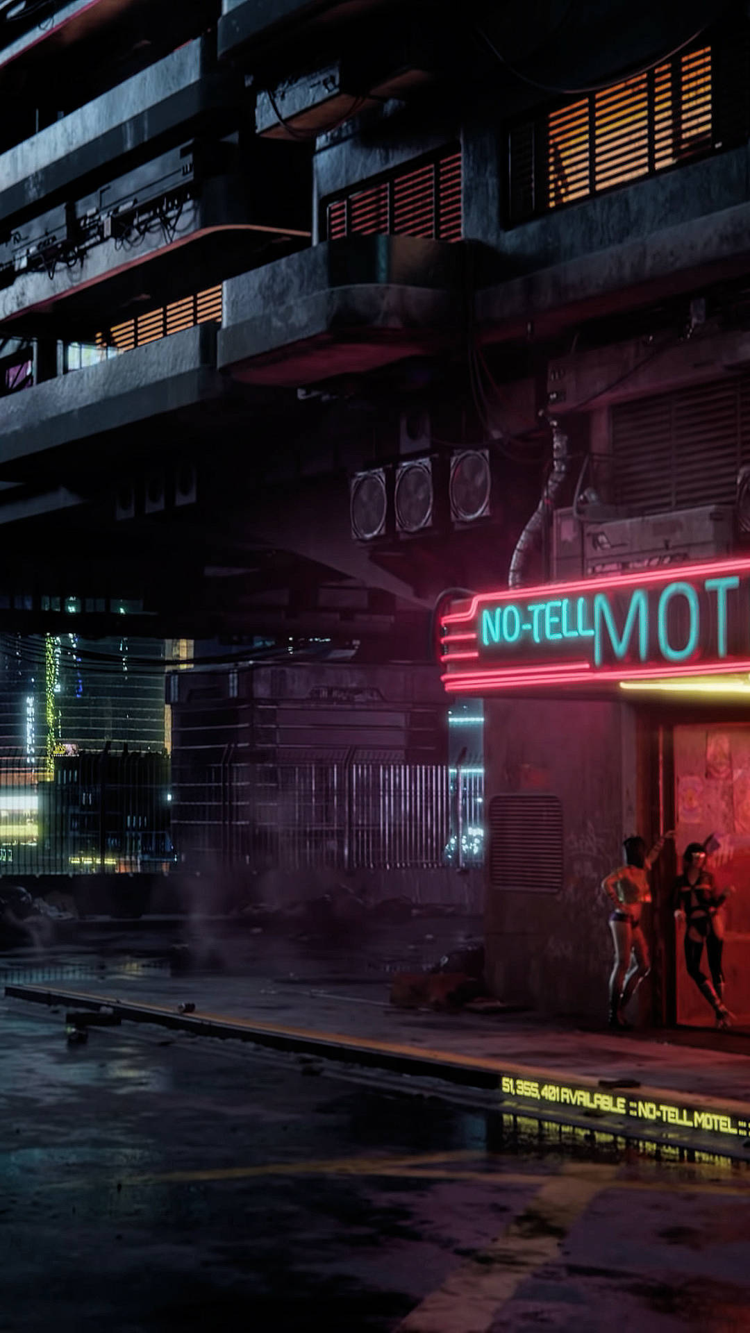 Cyberpunk 2077, neon-lit no tell motel sign, red and cyan, Full HD Phone Wallpaper