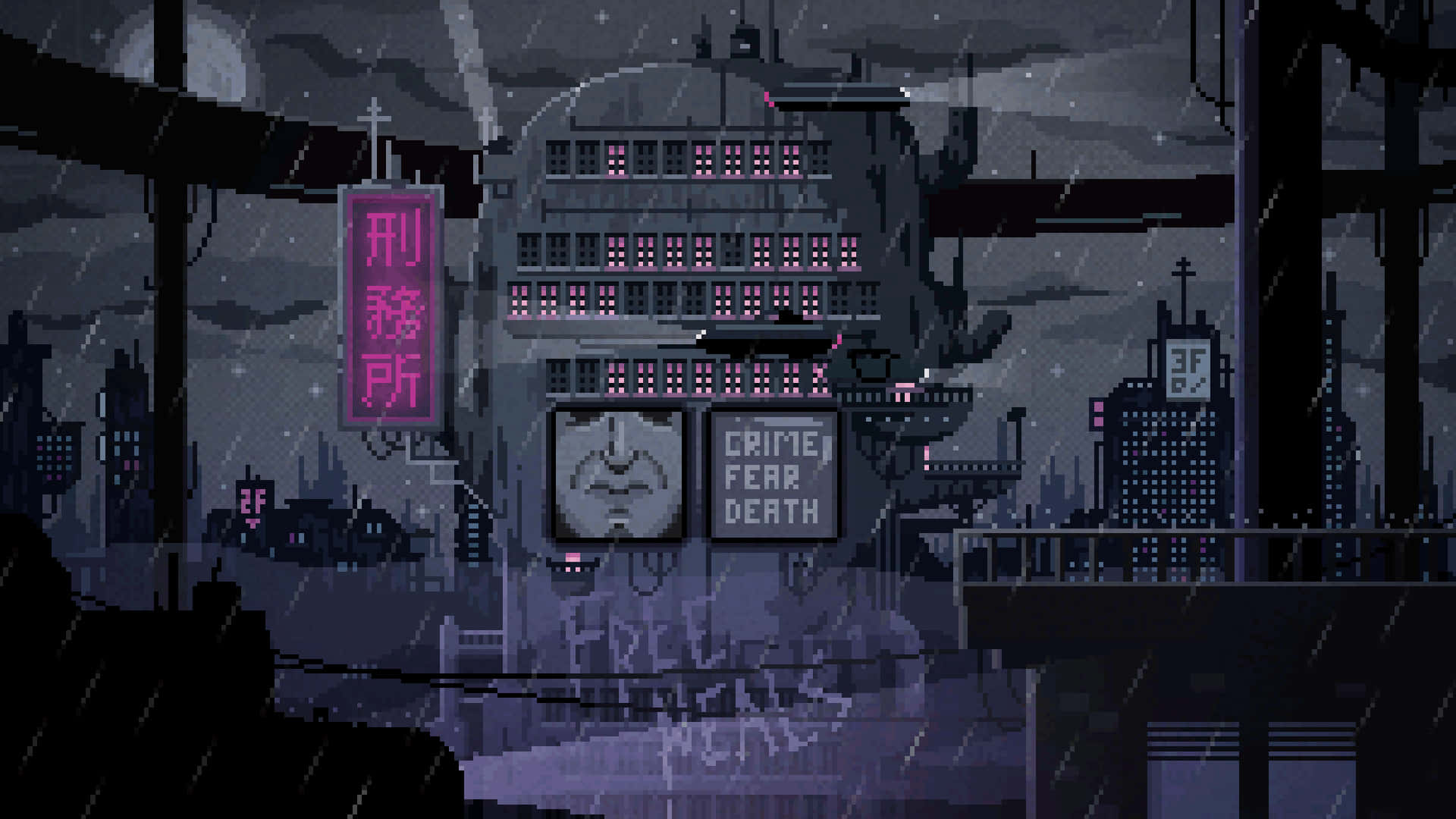 Cyberpunk Pixel Art, night, rain, Full HD Desktop Wallpaper