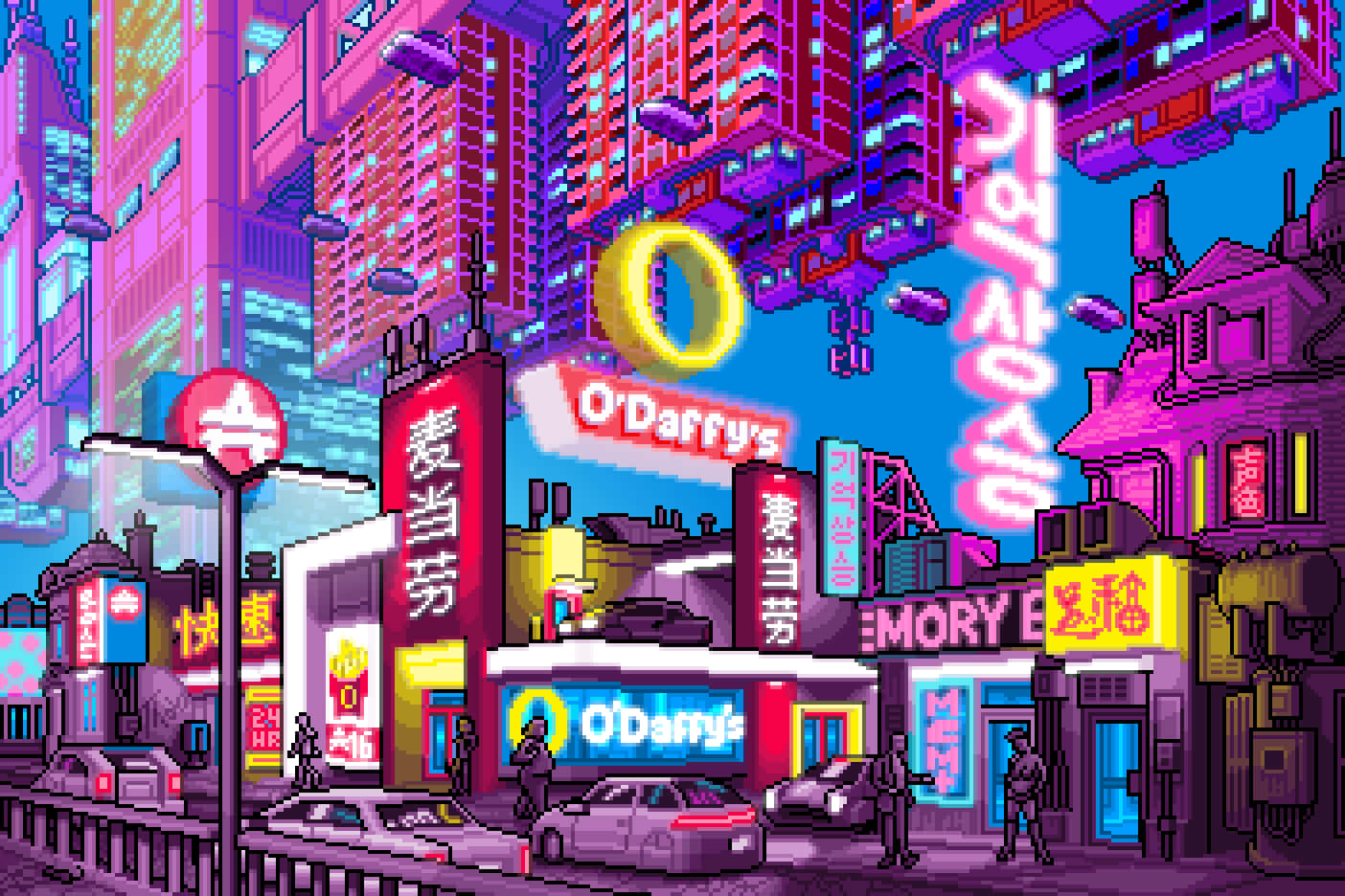 Cyberpunk Pixel Art, neon signs, vibrant purple sky, HD Desktop Wallpaper