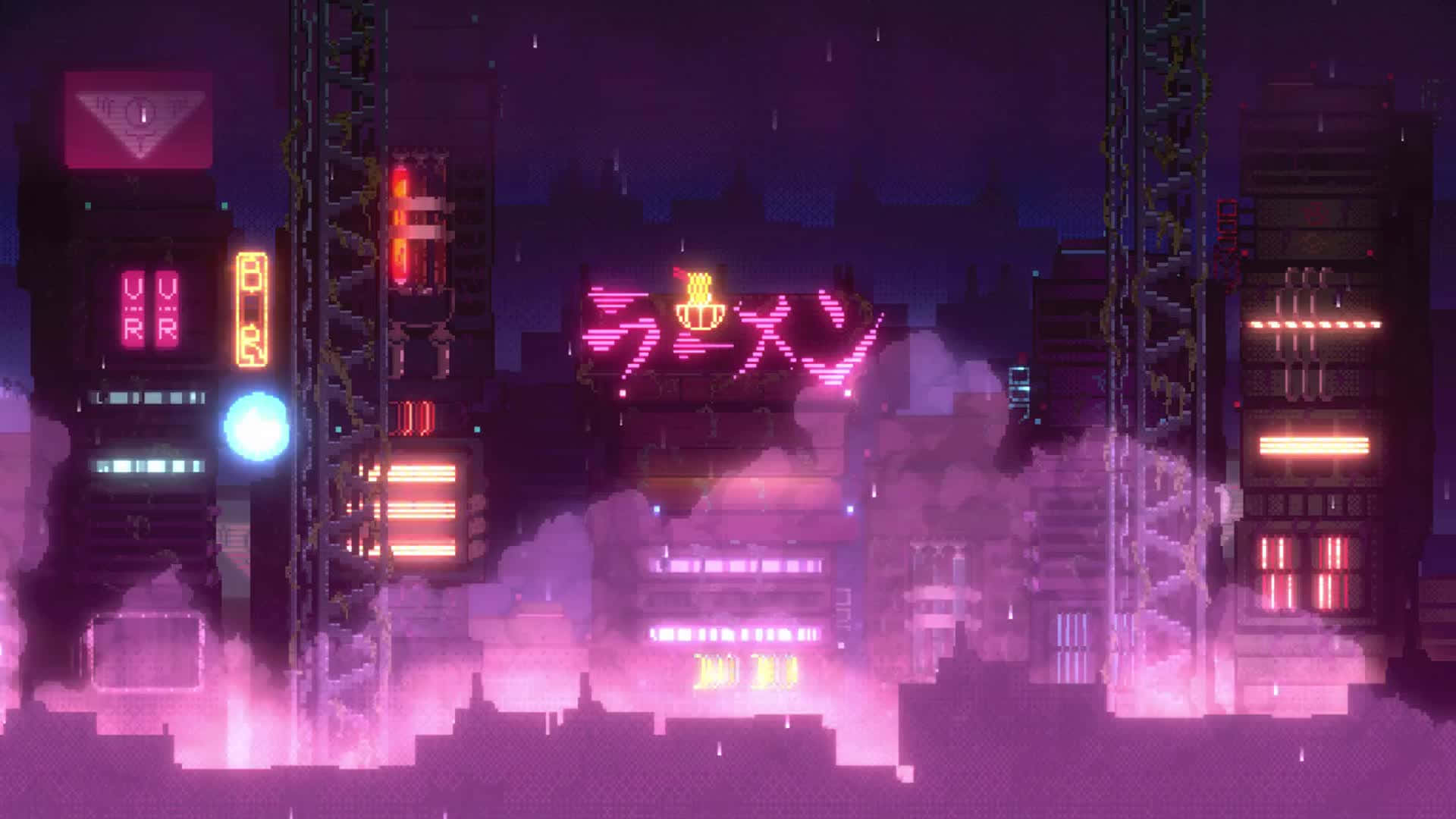 Cyberpunk Pixel Art, neon signs, purple haze, Full HD Desktop Wallpaper
