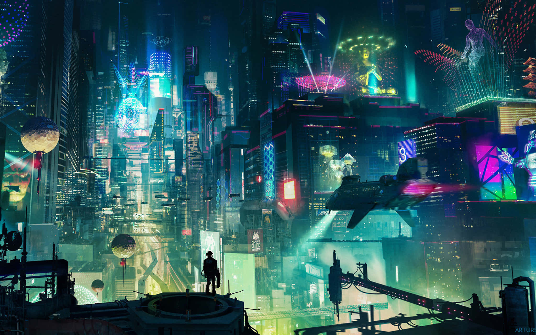 Cyberpunk City, pixel art, neon-drenched, Full HD Desktop Wallpaper