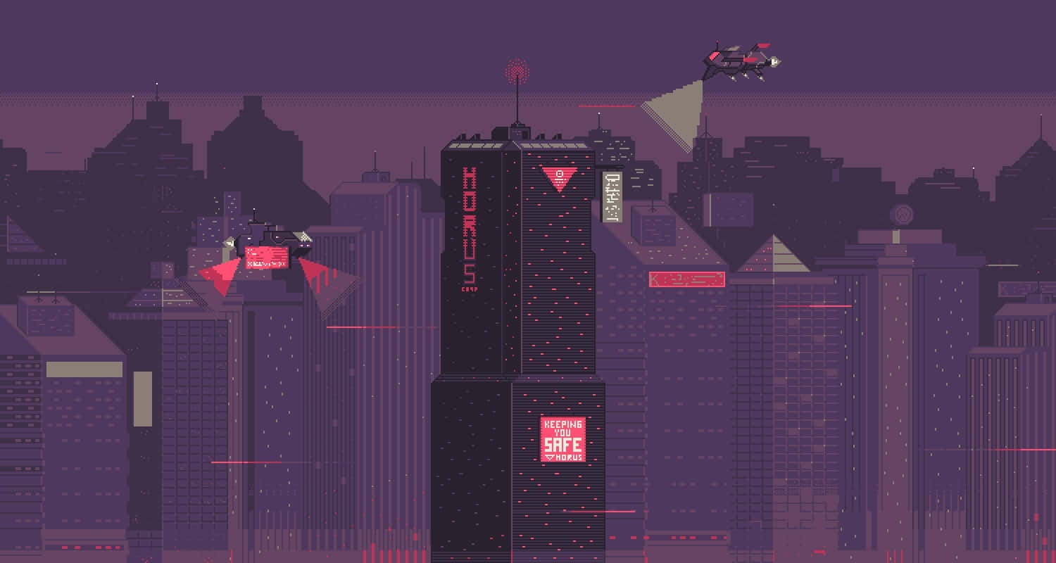 Cyberpunk Pixel Art, dusk, flying drones, HD Desktop Wallpaper