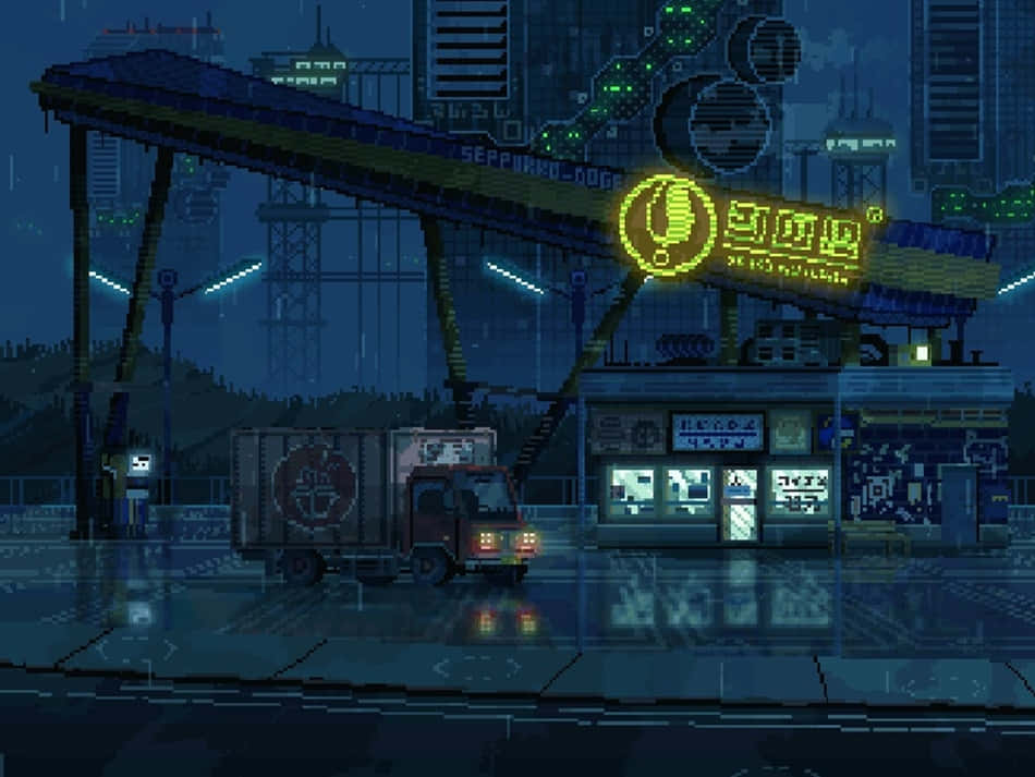 Cyberpunk Pixel Art, neon-lit gas station, rainy night sky, SD Desktop Wallpaper
