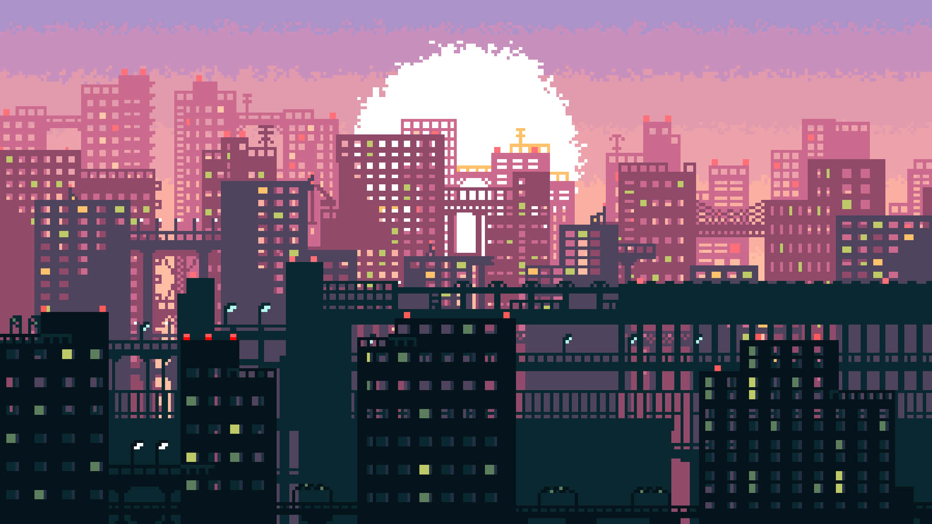 Cyberpunk Pixel Art, sunset, pixel art cityscape, Full HD Desktop Wallpaper