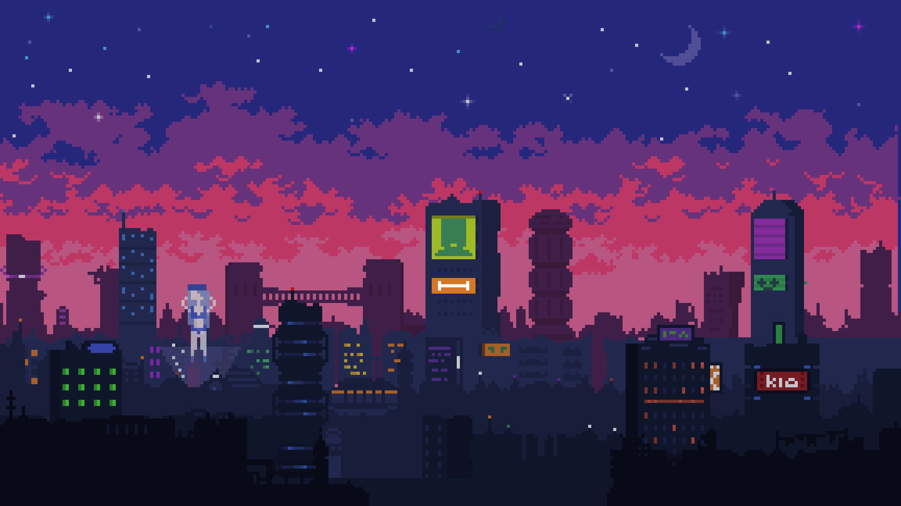 Cyberpunk Pixel Art, neon signs, crescent moon, 2K Desktop Wallpaper