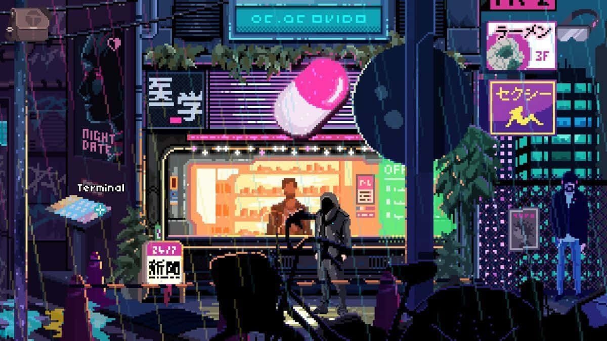 Cyberpunk Pixel Art, neon signs, rain, SD Desktop Wallpaper