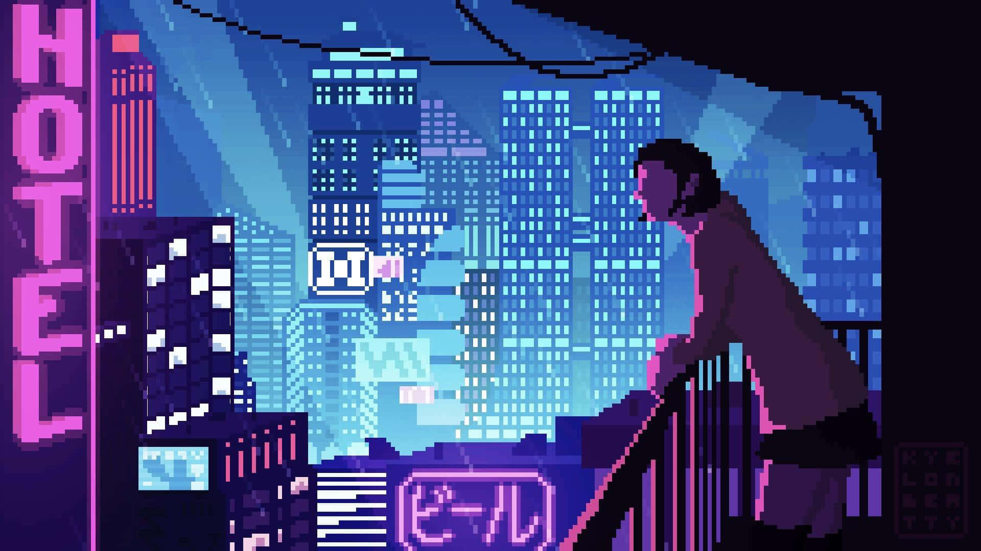 Cyberpunk Pixel Art, neon-lit cyberpunk cityscape, night, Full HD Desktop Wallpaper