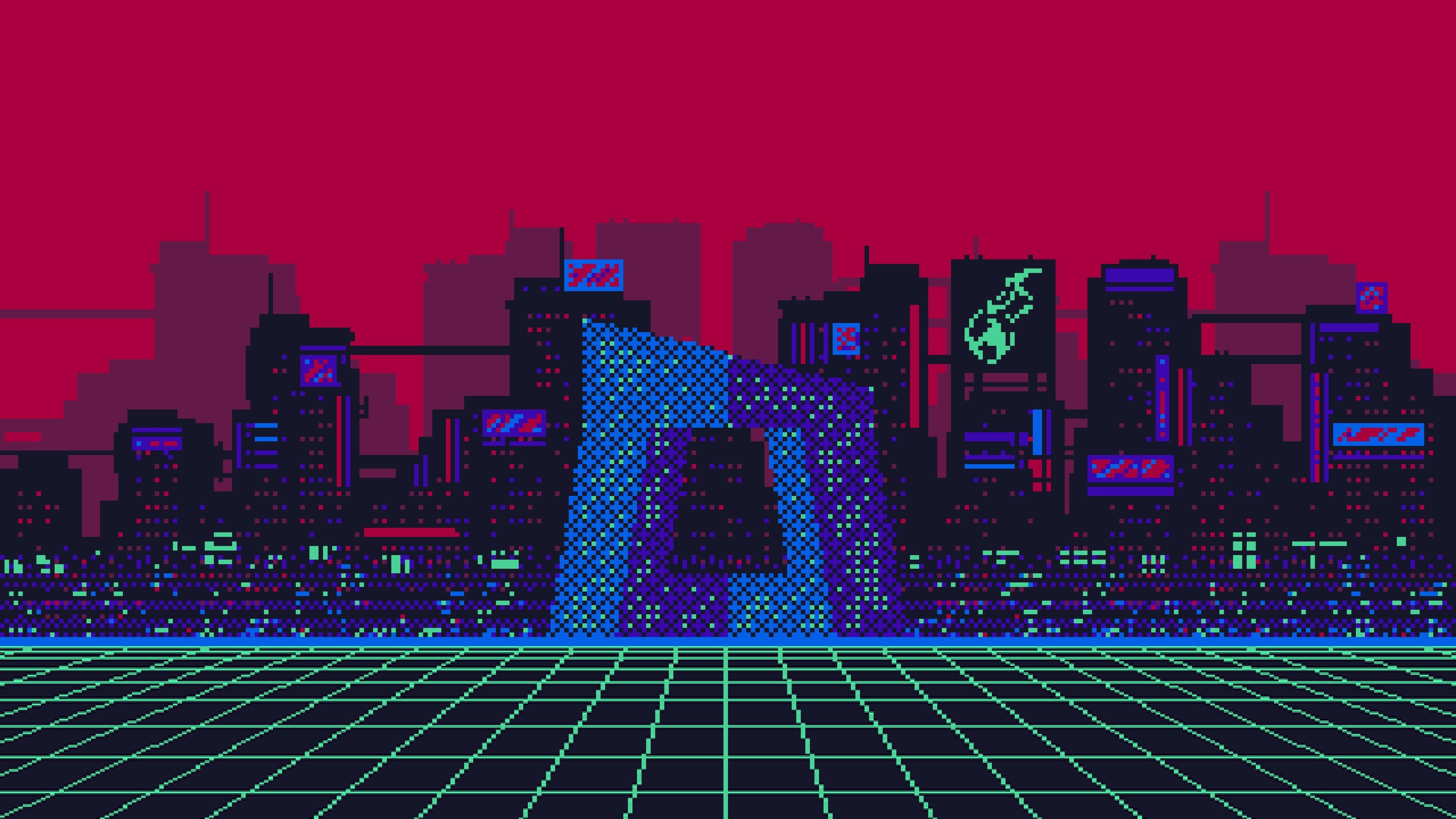 cyberpunk pixel art, futuristic cyberpunk city, glowing neon signs, 4K Desktop Wallpaper