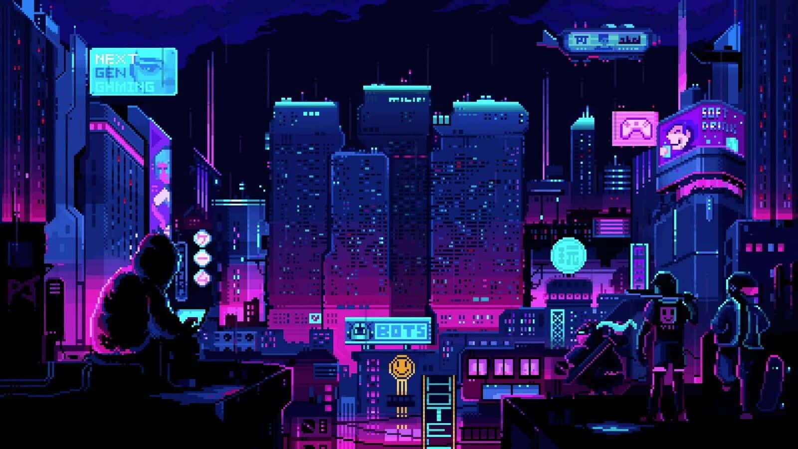 Cyberpunk Pixel Art, neon purple, blue skyscrapers, HD Desktop Wallpaper