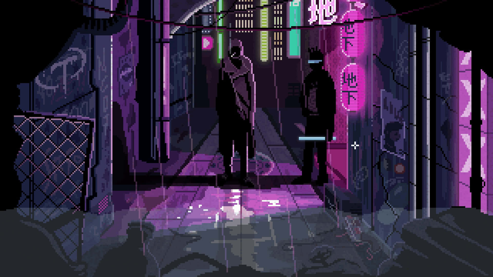 neon-drenched cyberpunk alley, purple lights, pink lights, Full HD Desktop Wallpaper