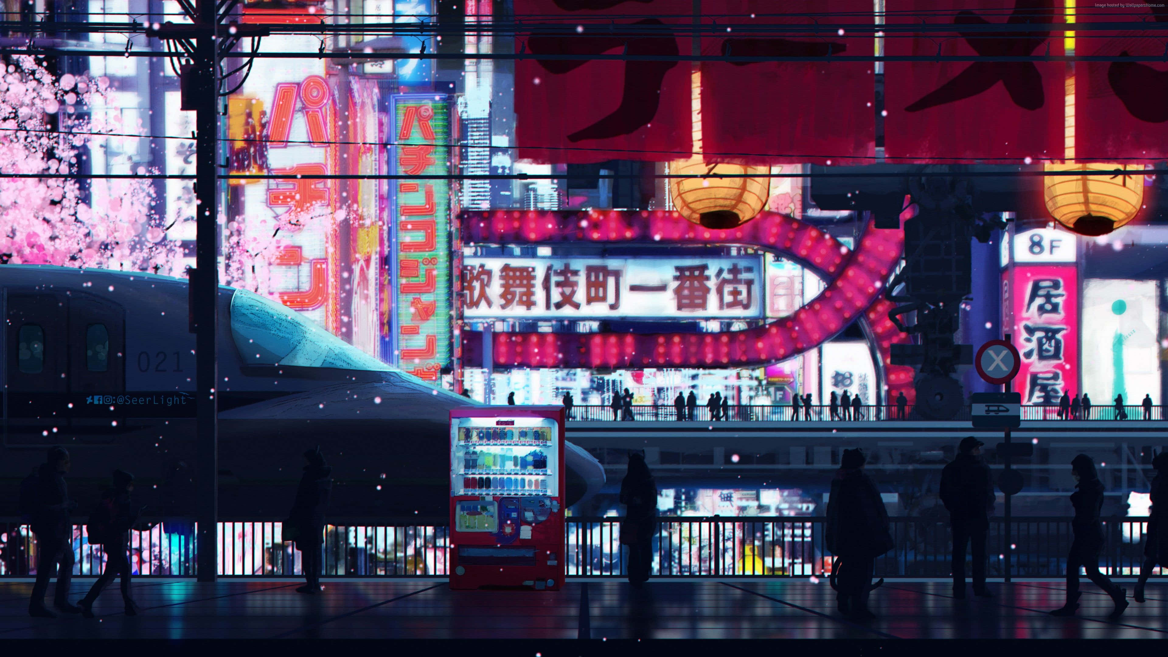 neon-drenched Tokyo night, cherry blossoms falling, train station platform, 4K Desktop Wallpaper