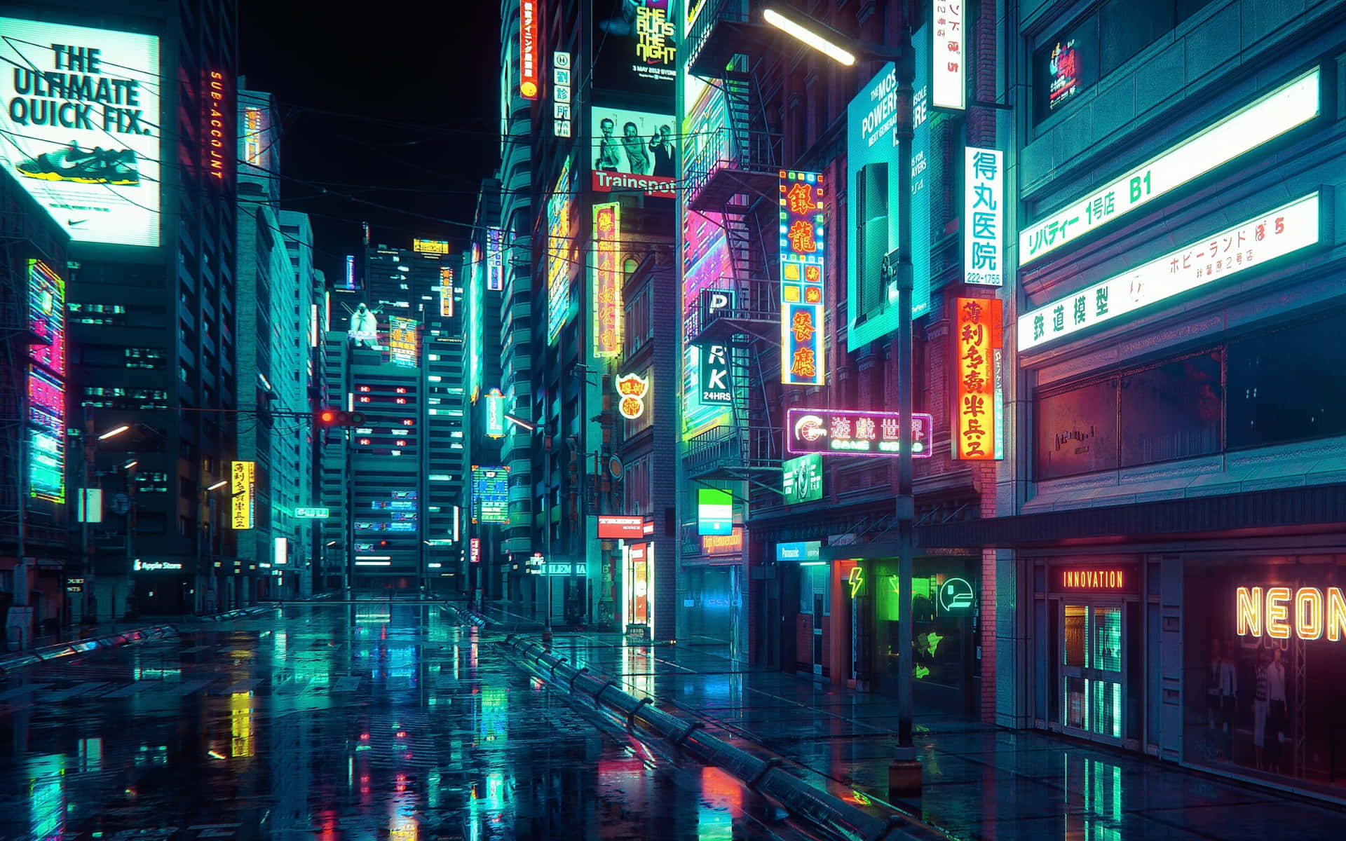Cyberpunk Pixel Art, neon-lit city street, night, Full HD Desktop Wallpaper