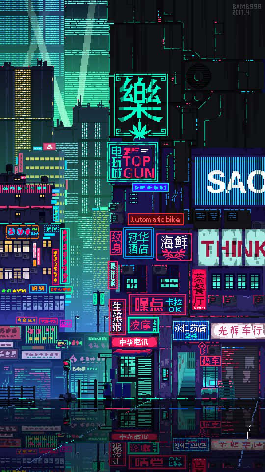 Cyberpunk Pixel Art, neon-drenched, glowing signs, SD Phone Wallpaper