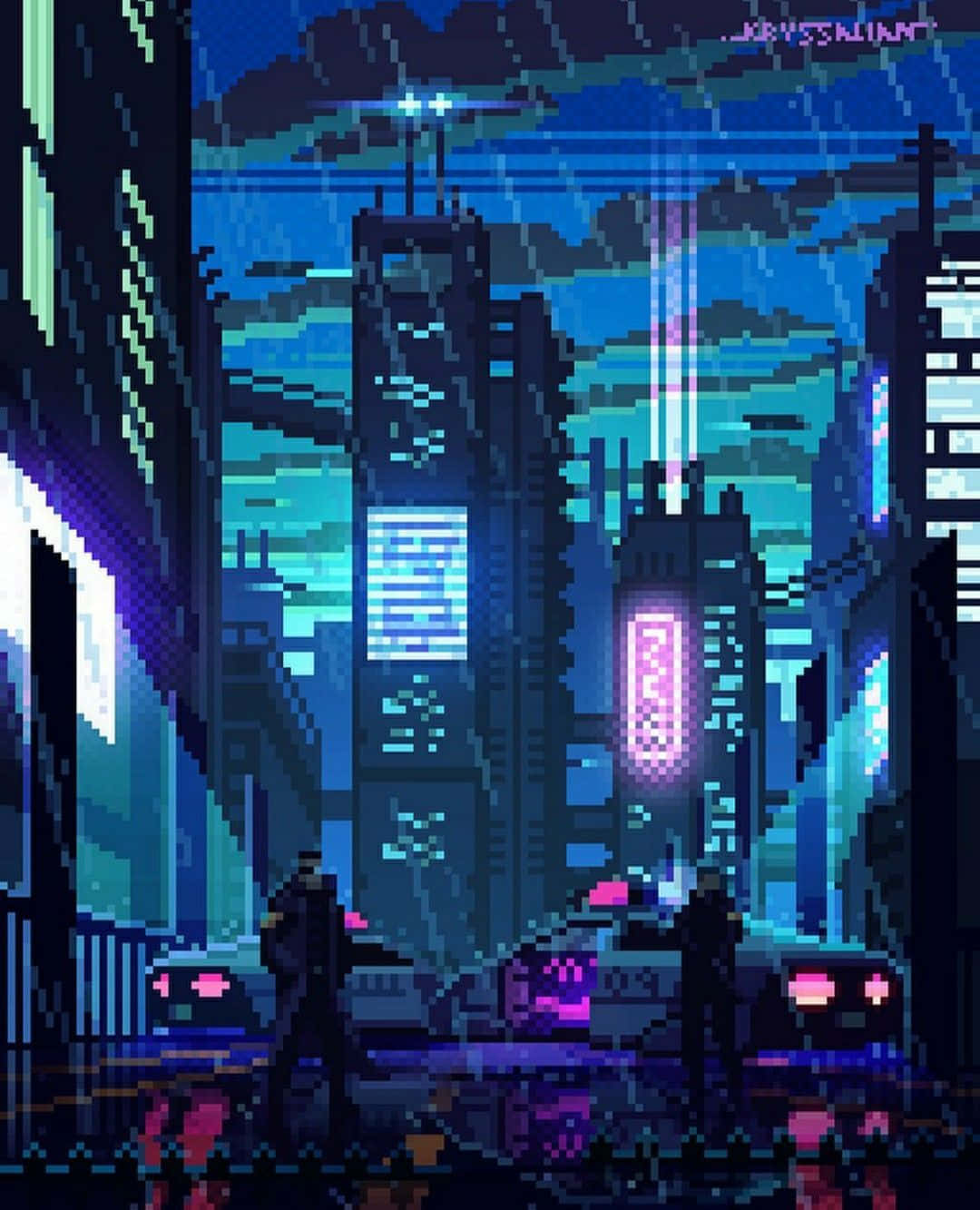 Cyberpunk Pixel Art, 80s pixel look, neon-lit skyscrapers, HD Phone Wallpaper