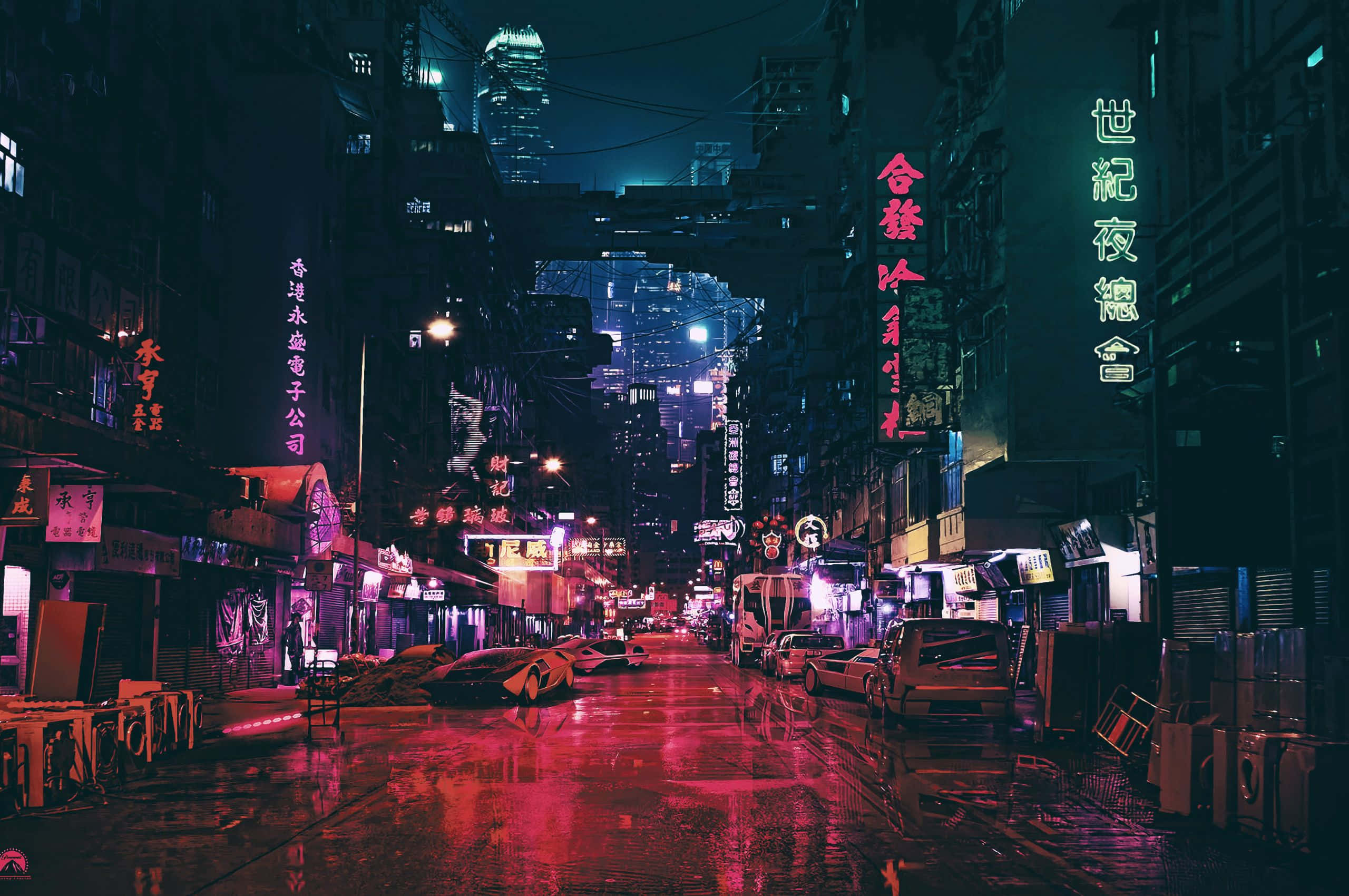 neon-drenched, rain-soaked urban alley, night, 2K Desktop Wallpaper