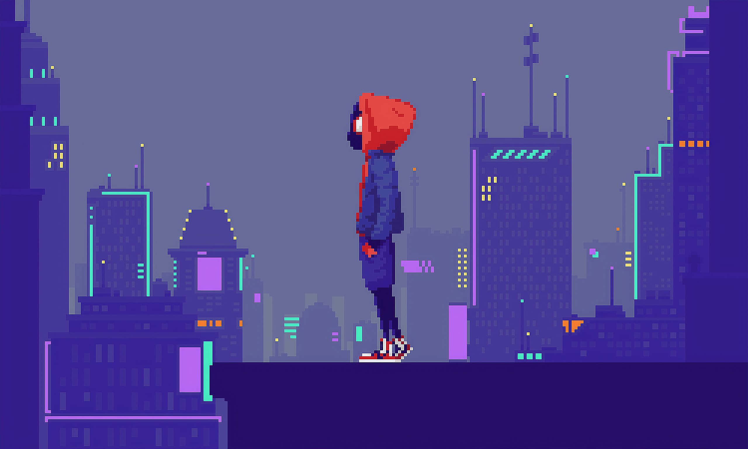 Cyberpunk Pixel Art, neon-lit cityscape, twilight, 2K Desktop Wallpaper