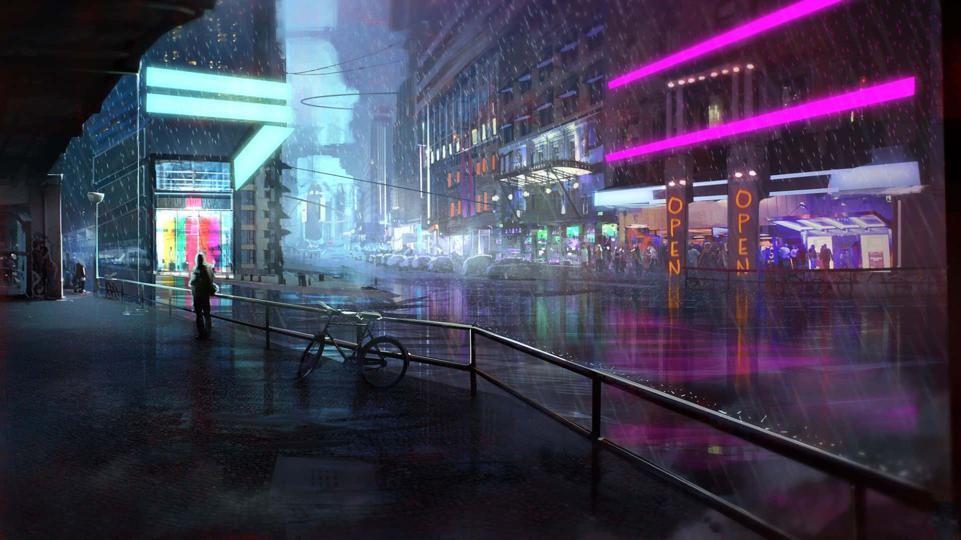 Cyberpunk Pixel Art, neon-lit city street, rain-slicked, Full HD Desktop Wallpaper