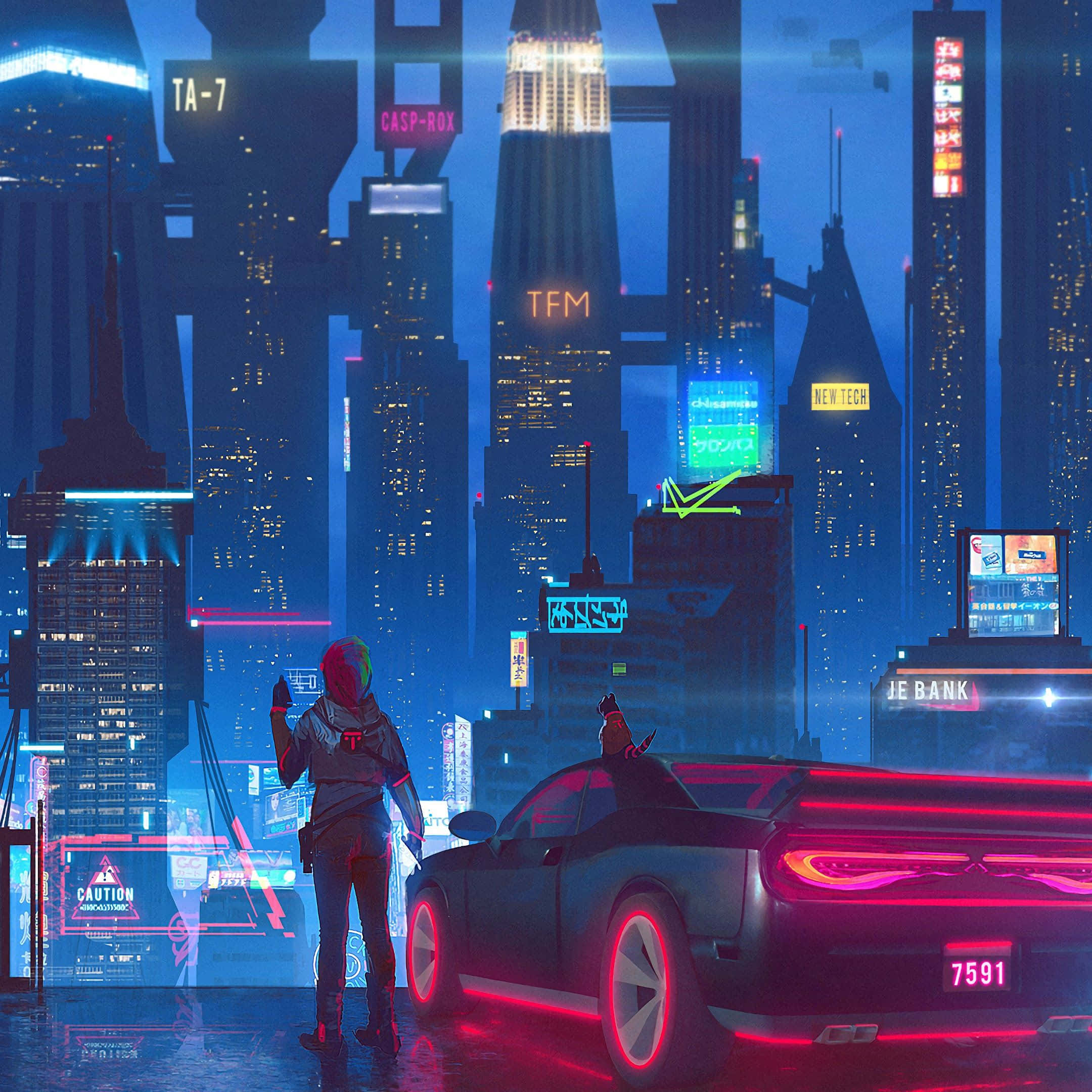 cyberpunk pixel art, hooded jacket, glowing red sports car, Full HD Desktop Wallpaper
