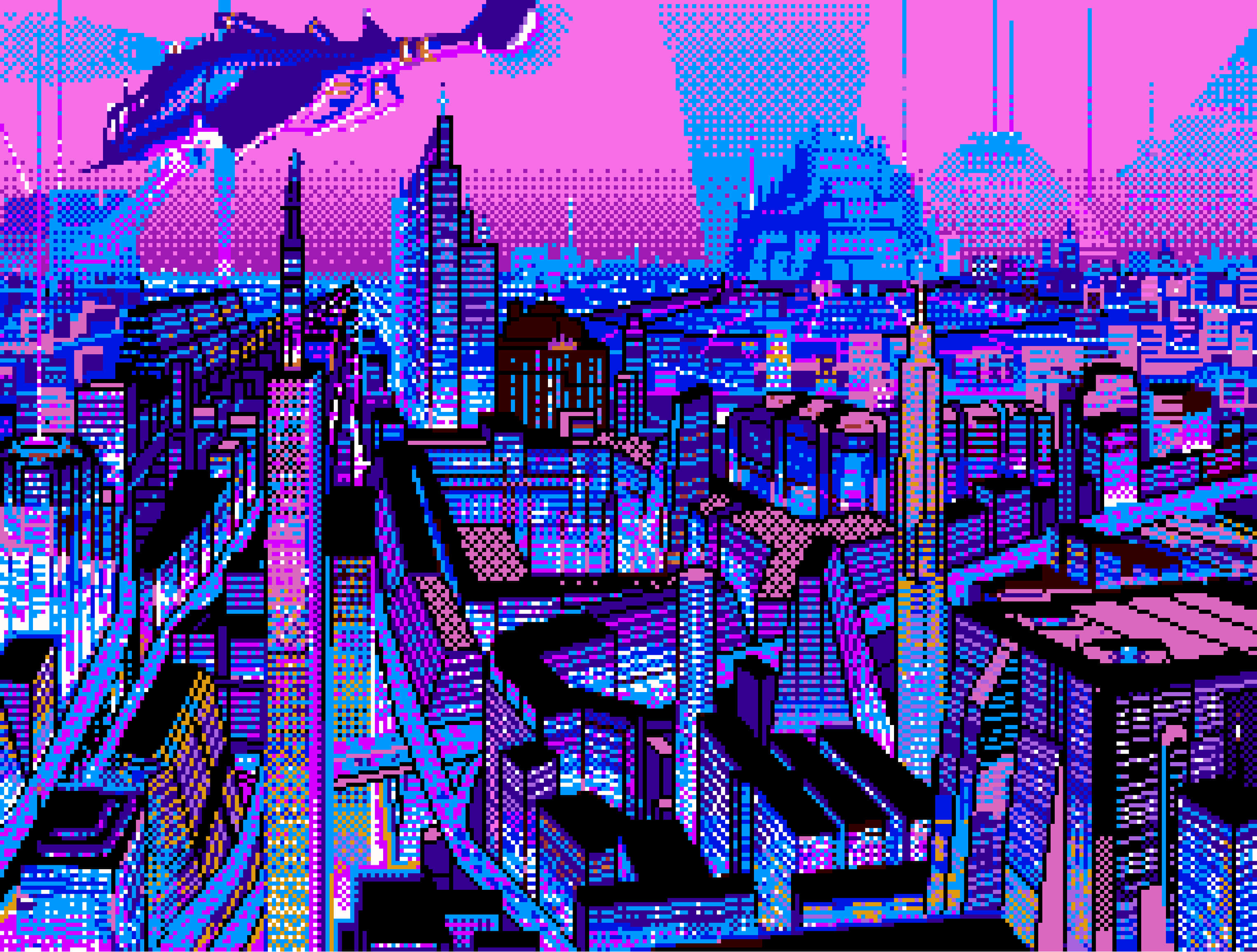 cyberpunk pixel art, neon-drenched, pixel art cityscape, 2K Desktop Wallpaper