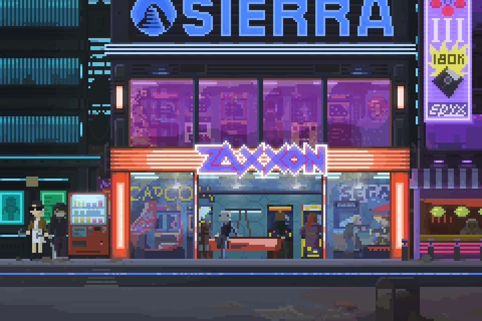 Cyberpunk Pixel Art, neon signs, retro arcade storefronts, SD Desktop Wallpaper
